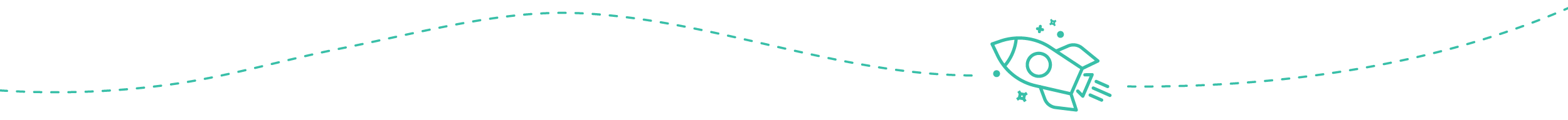 A teal dotted curved line with a small rocket icon on the right side, set against a black background.