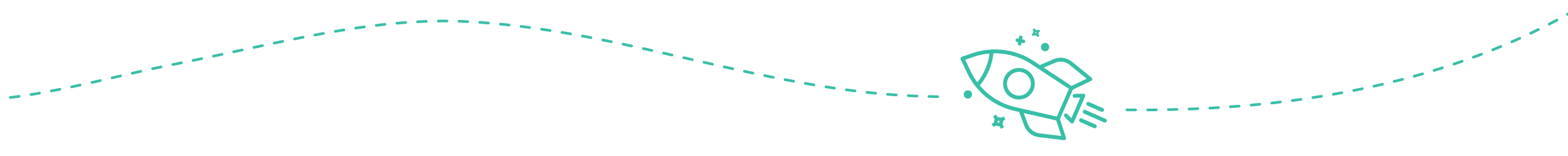 A teal, dashed line with a small rocket icon, creating a whimsical path across a transparent background.