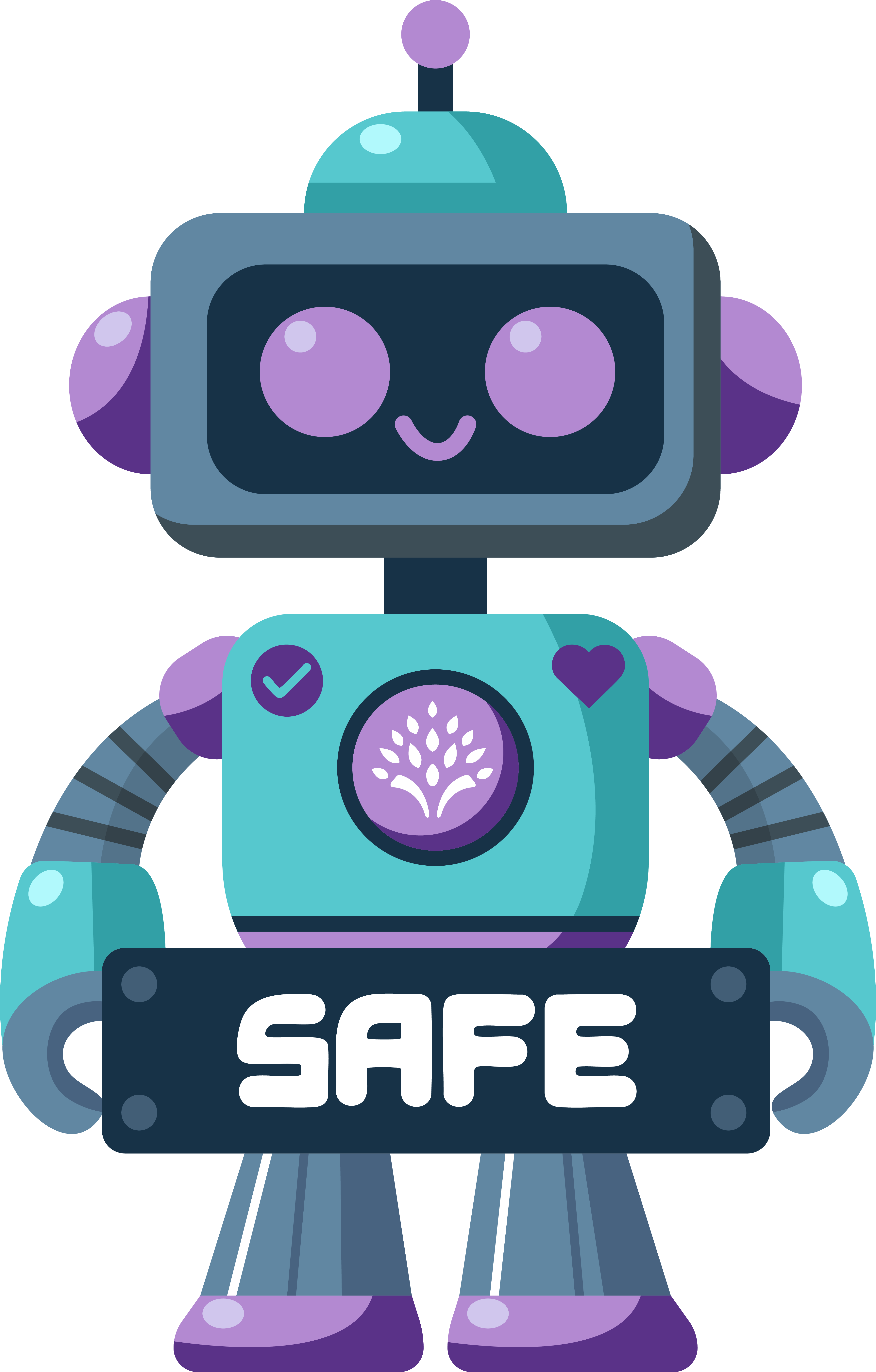 JAG 'S.A.F.E' Robot, standing for 'Safe And Fun Experience'. Blue and purple robot with JAG logo in centre and the word 'SAFE' on utility belt