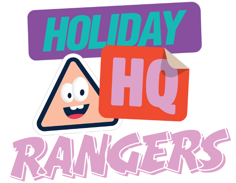 Playful graphic with "HOLIDAY HQ RANGERS" text and a smiling triangle character logo on a stylized background.