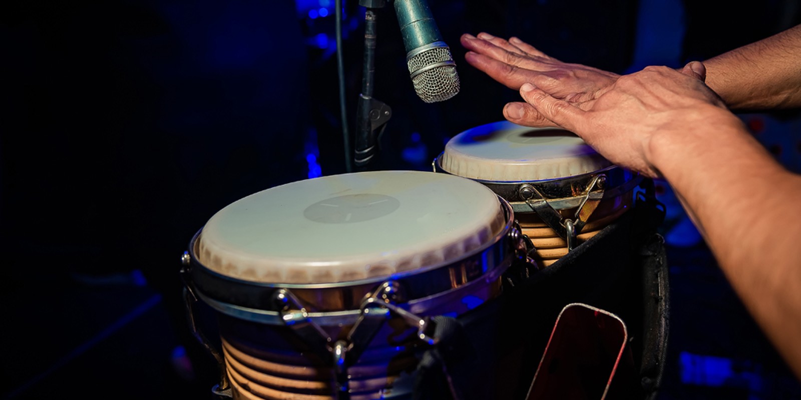 Bongospieler vor dunklem Hintergrund