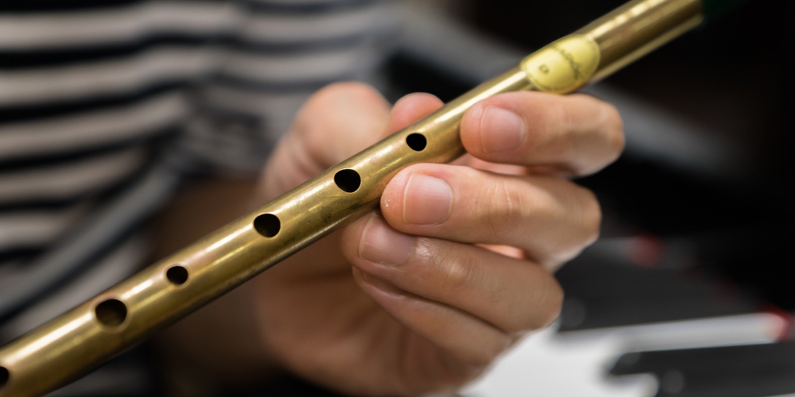 Musiker hält eine Whistle in der Hand