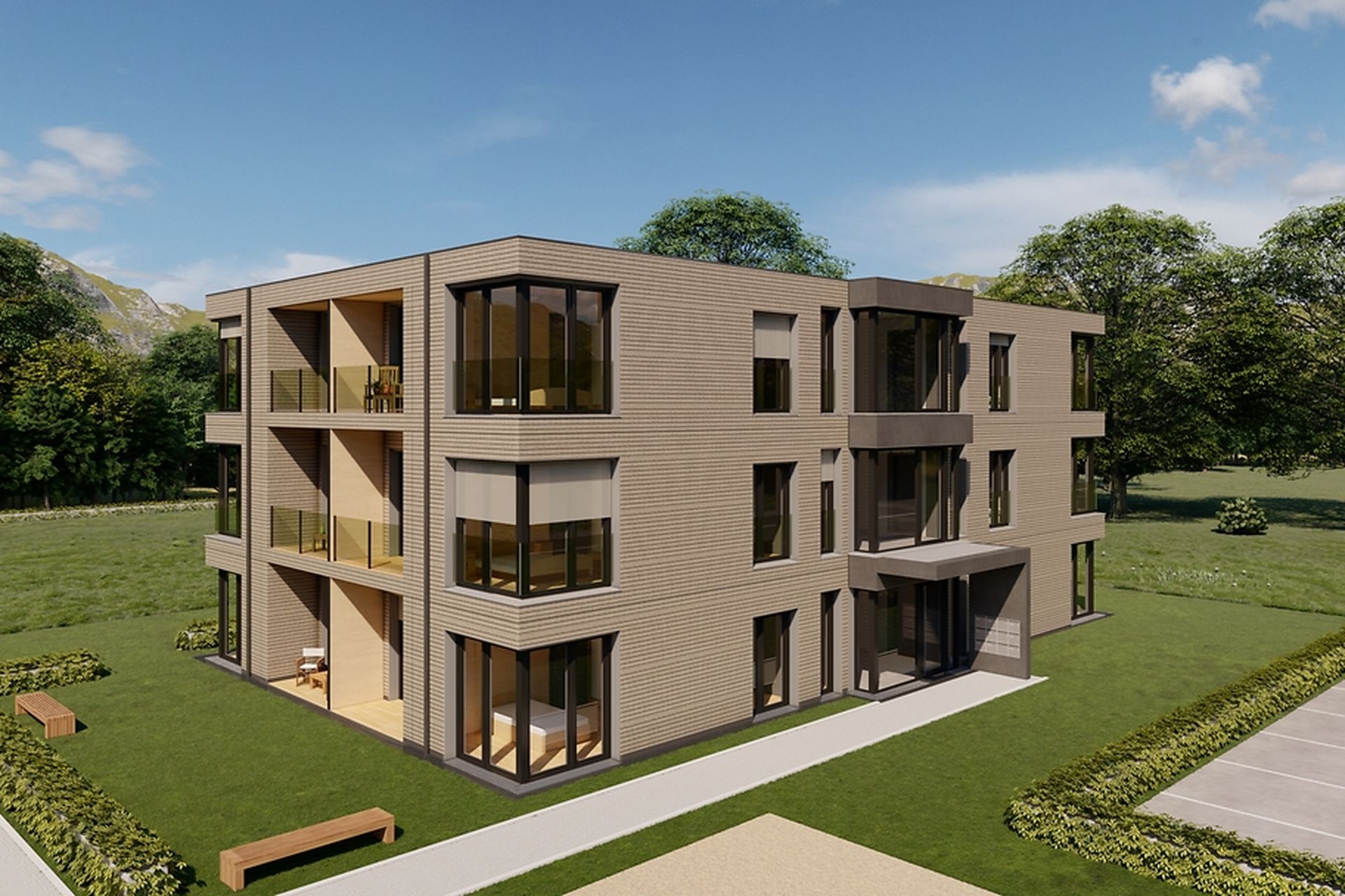 Rendering eines geplanten Mehrfamilienhauses in Holzmodulbauweise, eingebettet in einer Grünfläche und vor einem Wald.