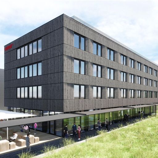Rendering des Bürogebäudes in Herzmanns  mit Balkon und Terrassenlandschaft.