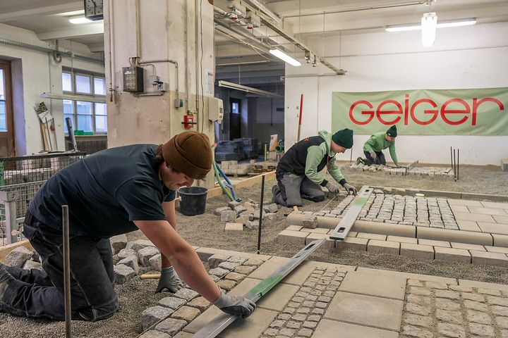 Drei Auszubildende von Geiger führen Pflasterarbeiten im Rahmen der Winterausbildung durch. Sie verlegen Kopfsteinpflaster und Betonplatten, während Werkzeuge und Richtschnüre zur genauen Ausrichtung genutzt werden. Im Hintergrund hängt ein Geiger-Banner.