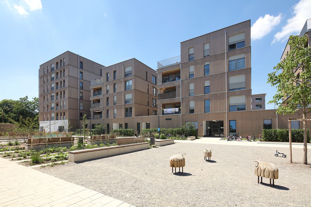 Innenhofansicht im Prinz-Eugen-Park in München mit modernen, mehrstöckigen Wohngebäuden in nachhaltiger Holzmodulbauweise von Geiger Holzsystembau.