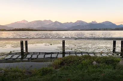 Copilot said:  Ein ruhiger See mit Seerosenblättern, der eine ferne Bergkette unter einem sanften Abendhimmel widerspiegelt, betrachtet von einem grasbewachsenen Ufer mit einem hölzernen Steg.