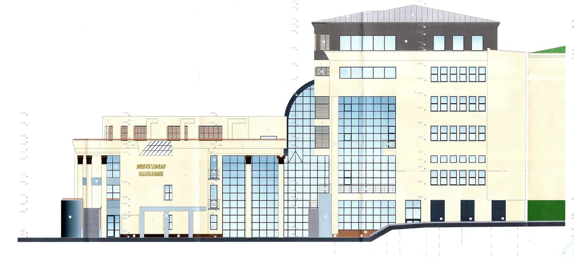 Desen arhitectural al unei clădiri industriale moderne cu ferestre mari, fațadă bej și acoperiș înclinat negru.