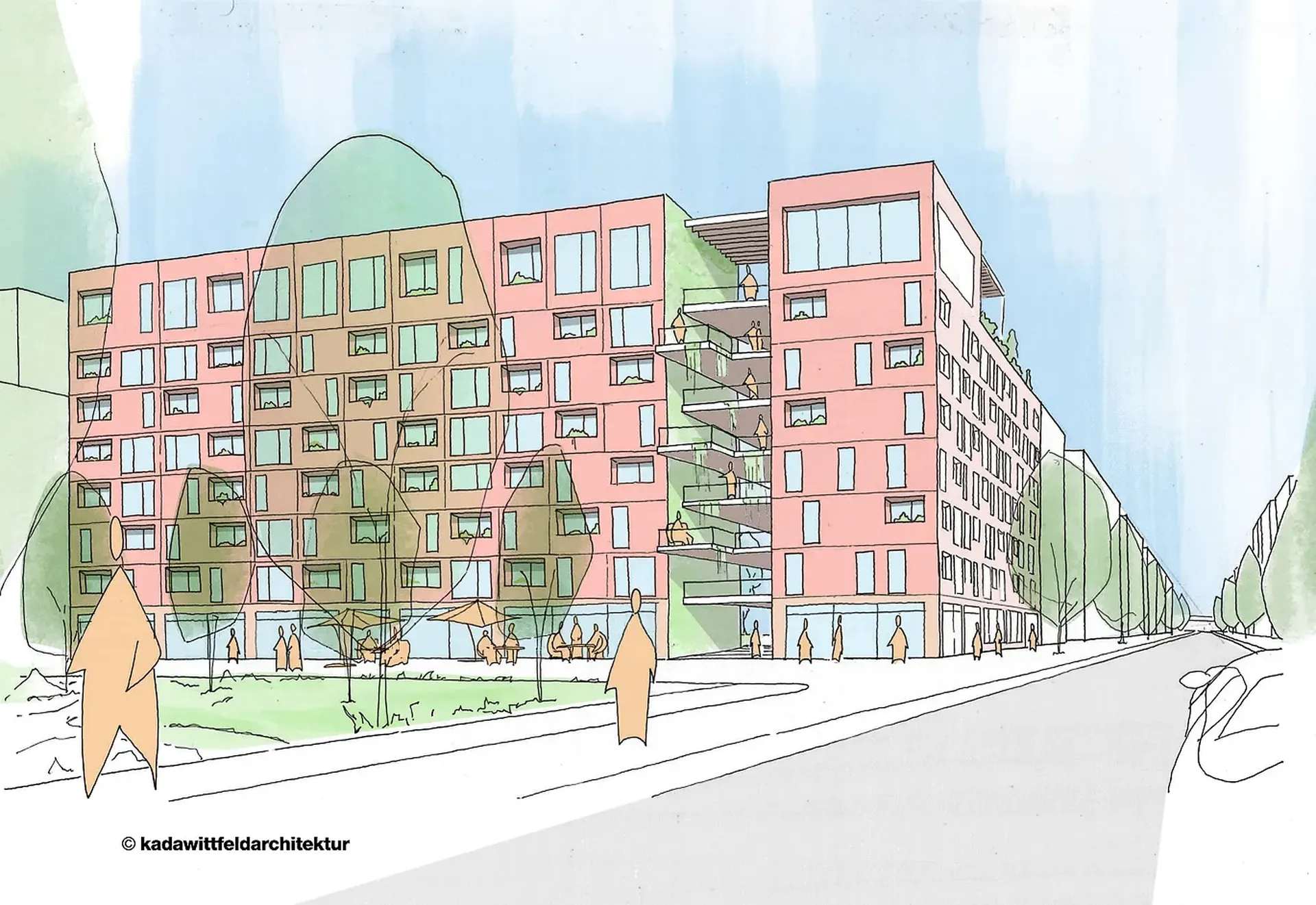 Architektonische Skizze eines modernen, mehrstöckigen Wohngebäudes mit großen Fenstern, Balkonen und umgebenden Bäumen an einer städtischen Straße.