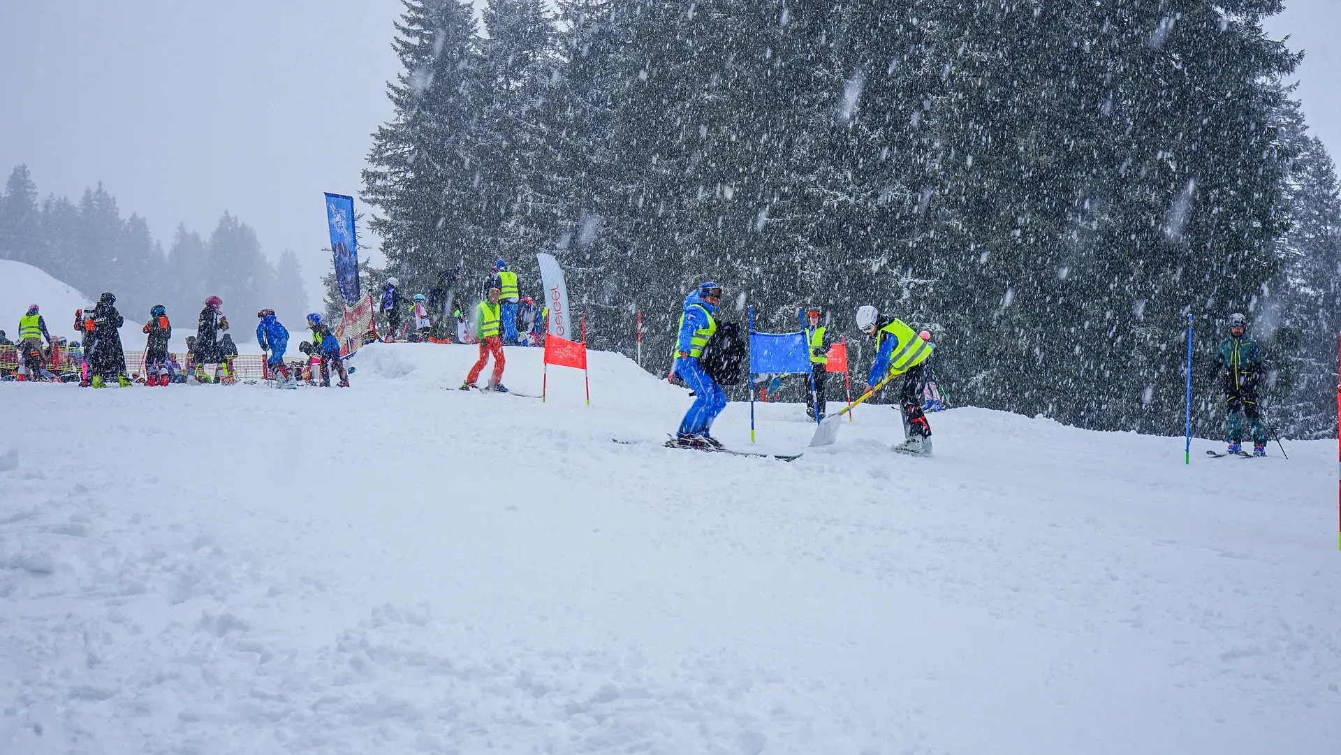 Skifahrer in bunter Ausrüstung fahren eine verschneite Piste mit Fahnen hinunter. Es schneit stark, und im Hintergrund stehen hohe Bäume.