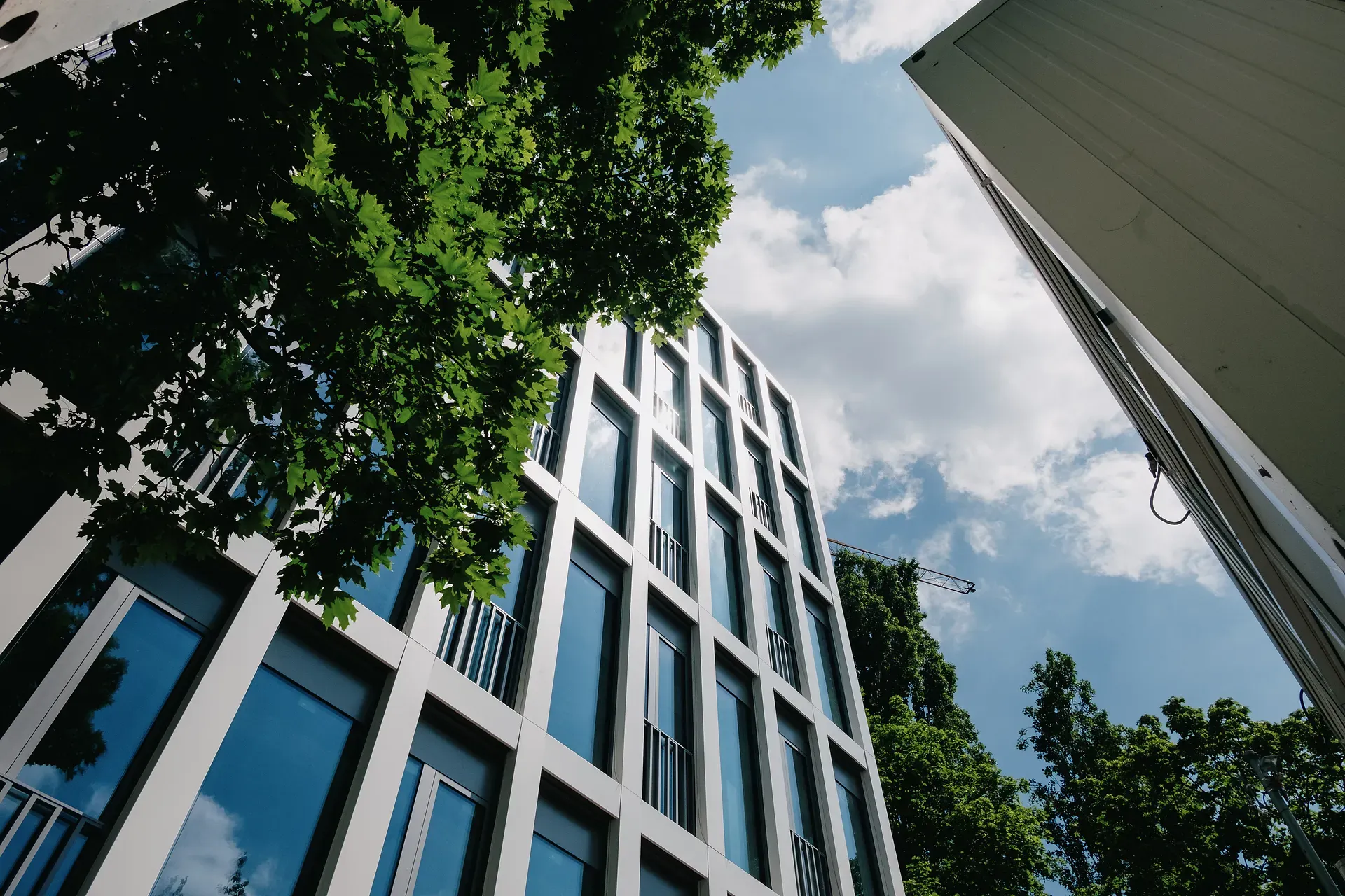 Das Bürohaus Novella 7 mit großen Fenstern von unten gesehen, umgeben von grünen Bäumen, unter einem blauen Himmel mit vereinzelten Wolken.