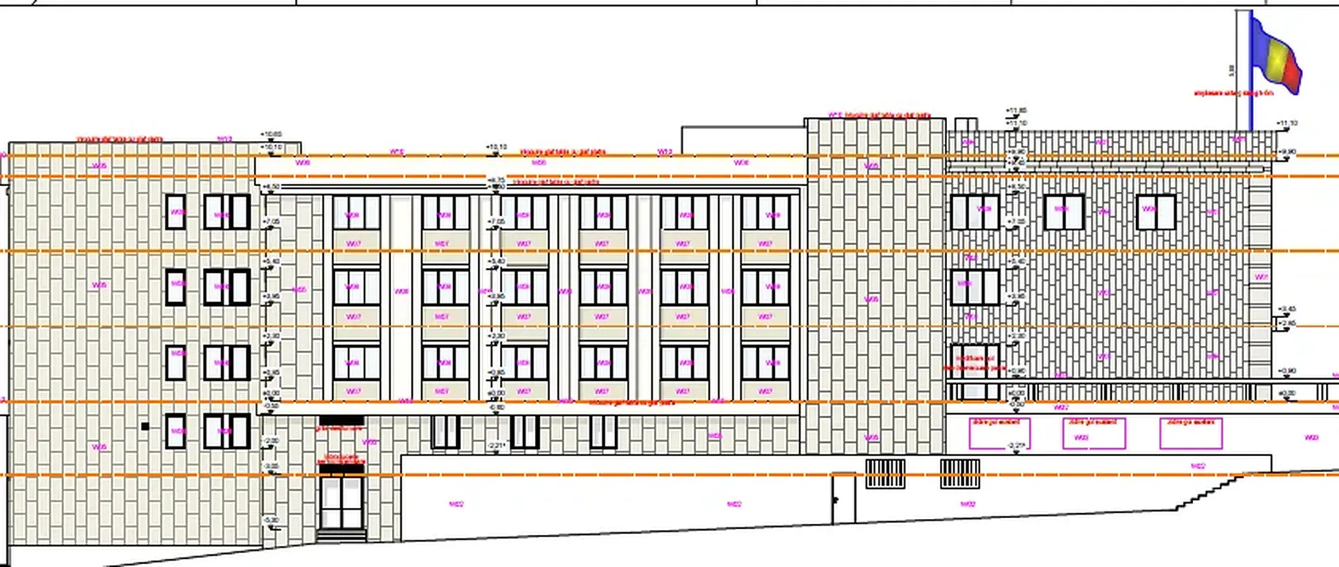 Desen arhitectural al unei clădiri cu mai multe niveluri, cu un steag în vârf, măsurători detaliate și marcaje notate în roșu și violet.
