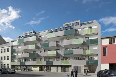 Modernes Apartmentgebäude mit grün getönten Glasbalkonen, sonniger Tag, Menschen und Autos auf der Straße darunter.