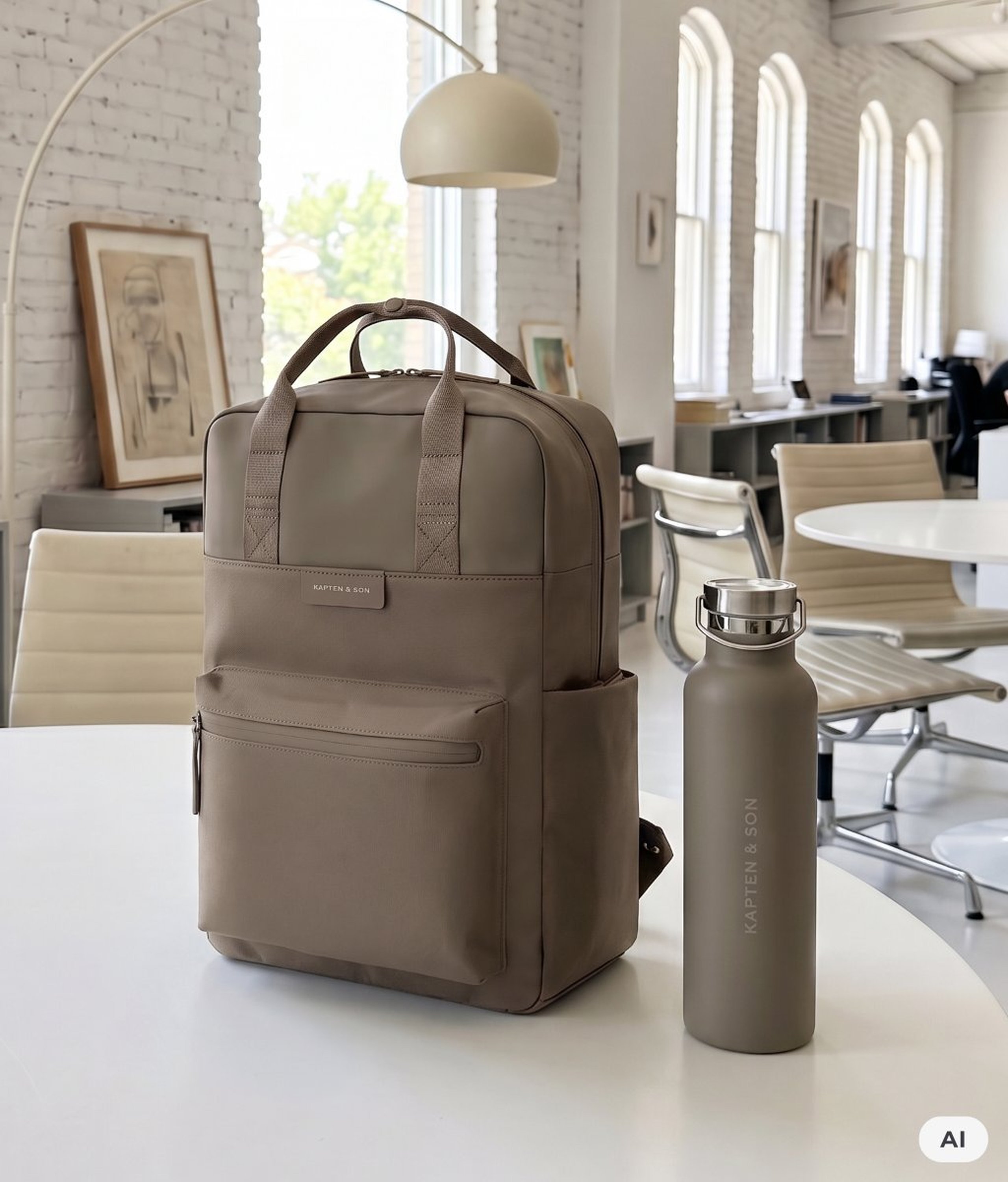 AI Generated: Ein taupefarbener Kapten & Son Rucksack und eine passende Kapten & Son Trinkflasche stehen auf einem weißen Tisch in einem hellen, modernen Büro.