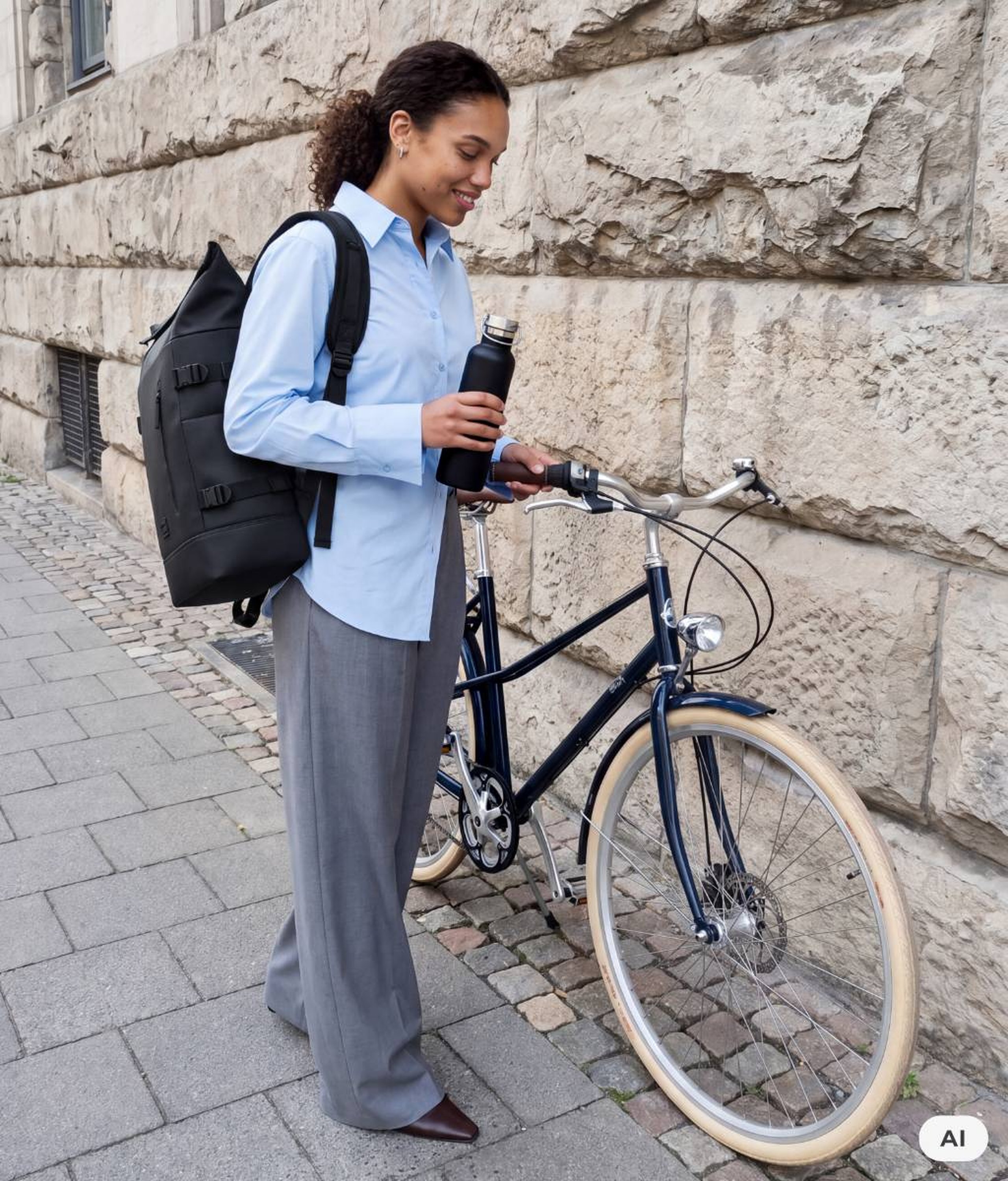 AI Generated: Eine lächelnde Frau mit einem schwarzen Kapten & Son Rolltop-Rucksack hält eine schwarze Trinkflasche und steht neben einem Fahrrad auf einem Kopfsteinpflasterweg.