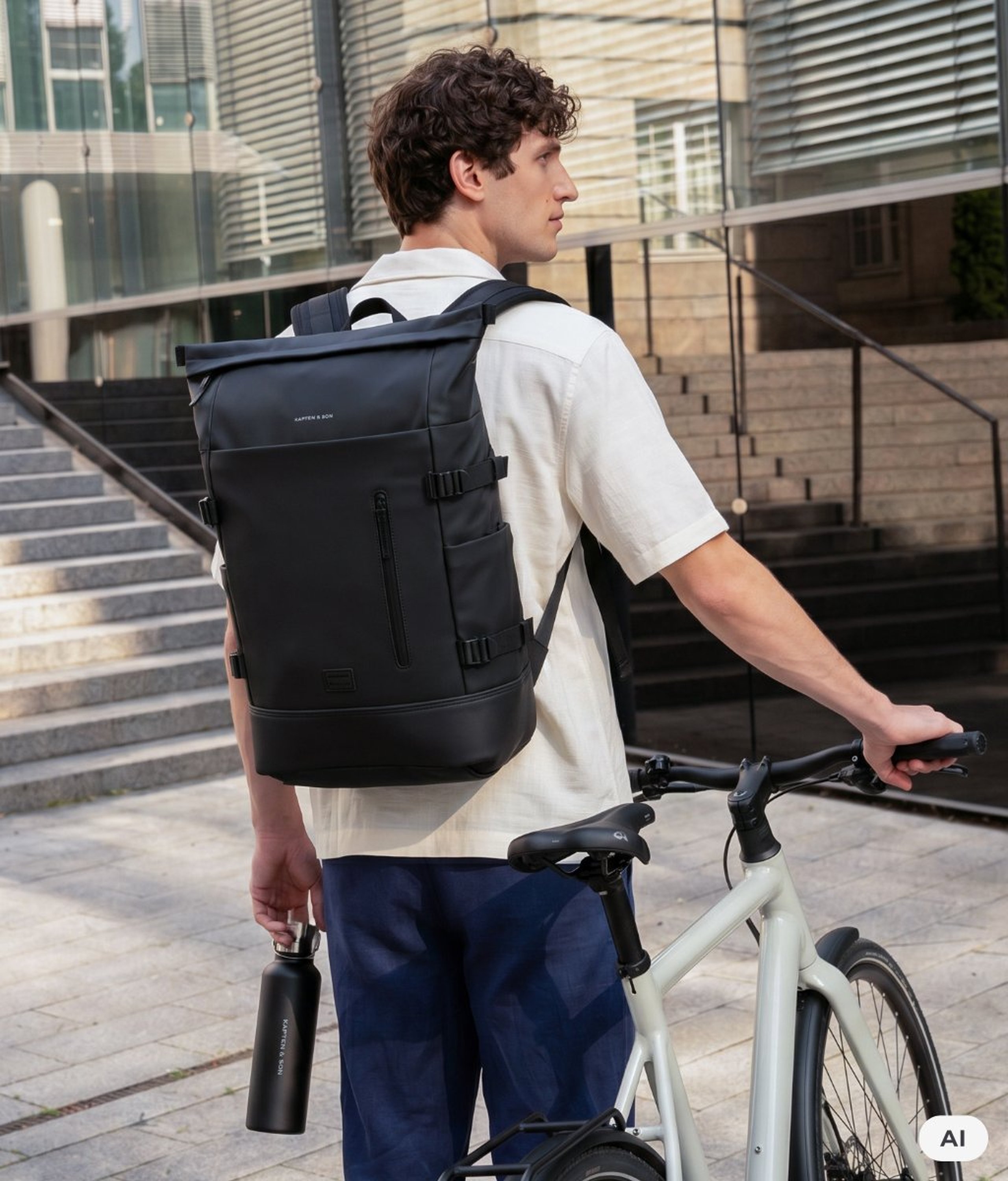 AI Generated: Ein Mann mit einem schwarzen Kapten & Son Rolltop-Rucksack hält eine schwarze Kapten & Son Trinkflasche und steht neben einem weißen Fahrrad vor einem modernen Gebäude.