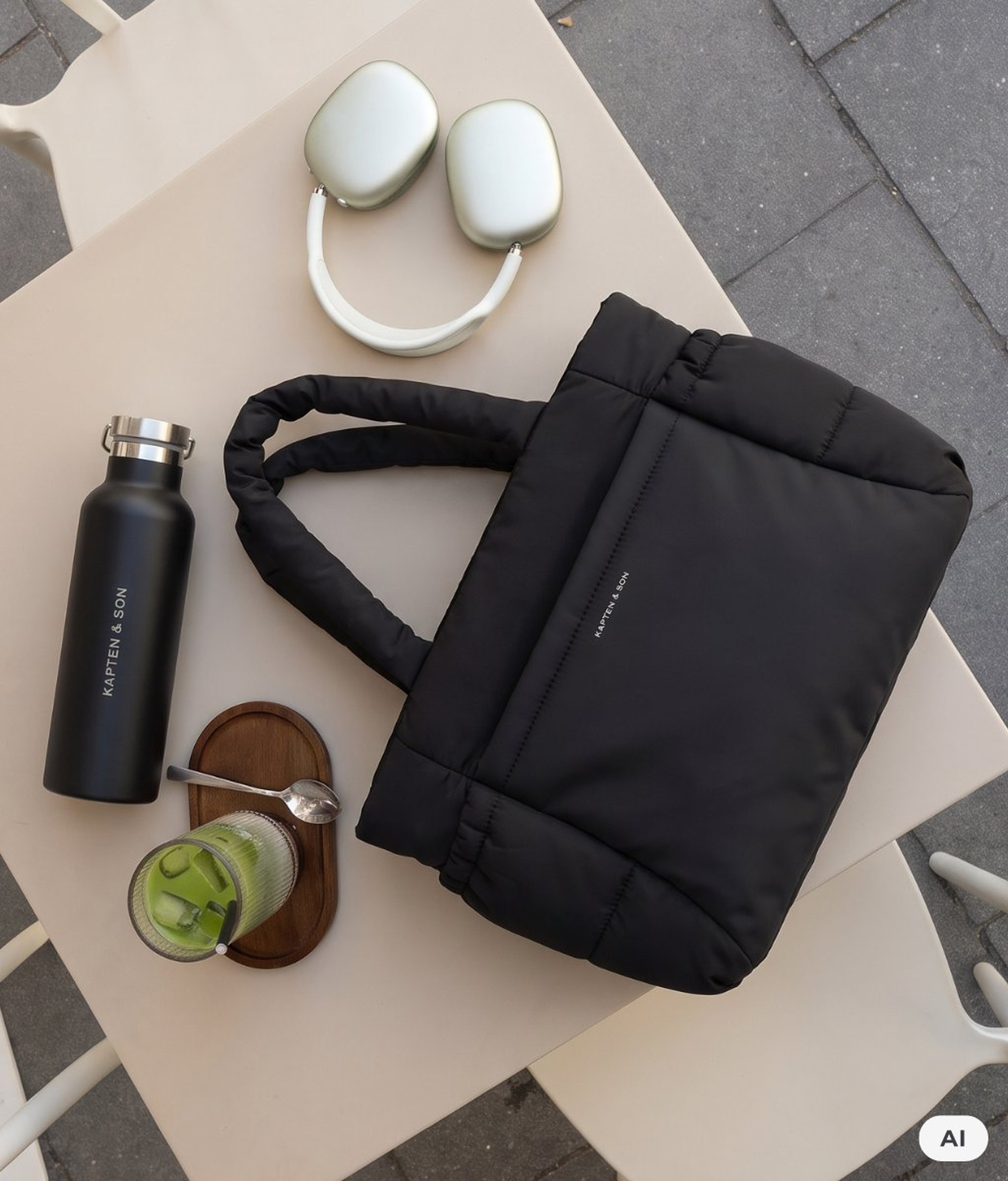 AI Generated: Flatlay auf einem Tisch mit einer schwarzen gesteppten Kapten & Son Tote Bag, einer schwarzen Kapten & Son Trinkflasche, einem Matcha-Getränk und mintfarbenen Kopfhörern.