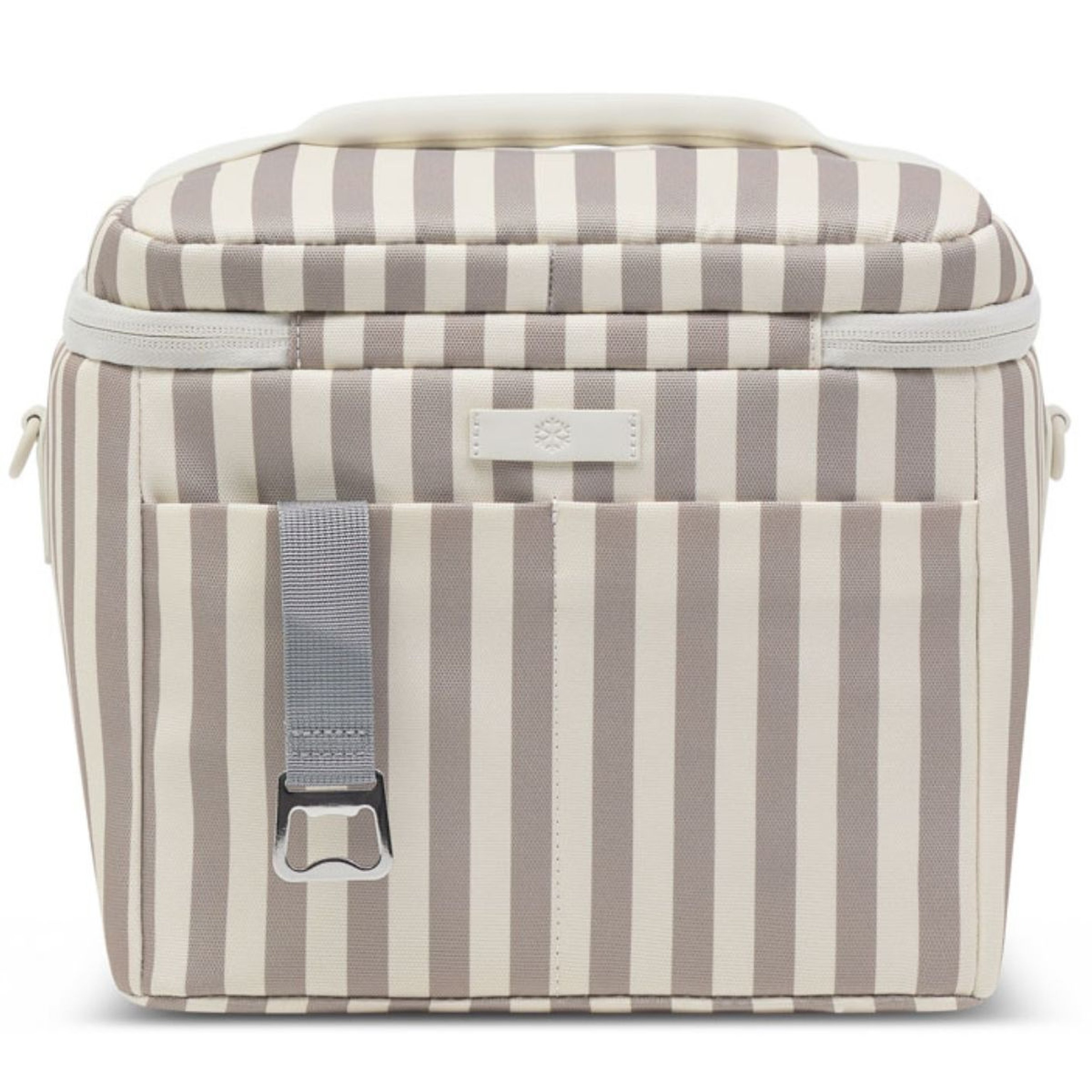 Striped cooler bag with beige and white vertical stripes, featuring front pockets, a gray strap, and a bottle opener, conveying a stylish, functional look.