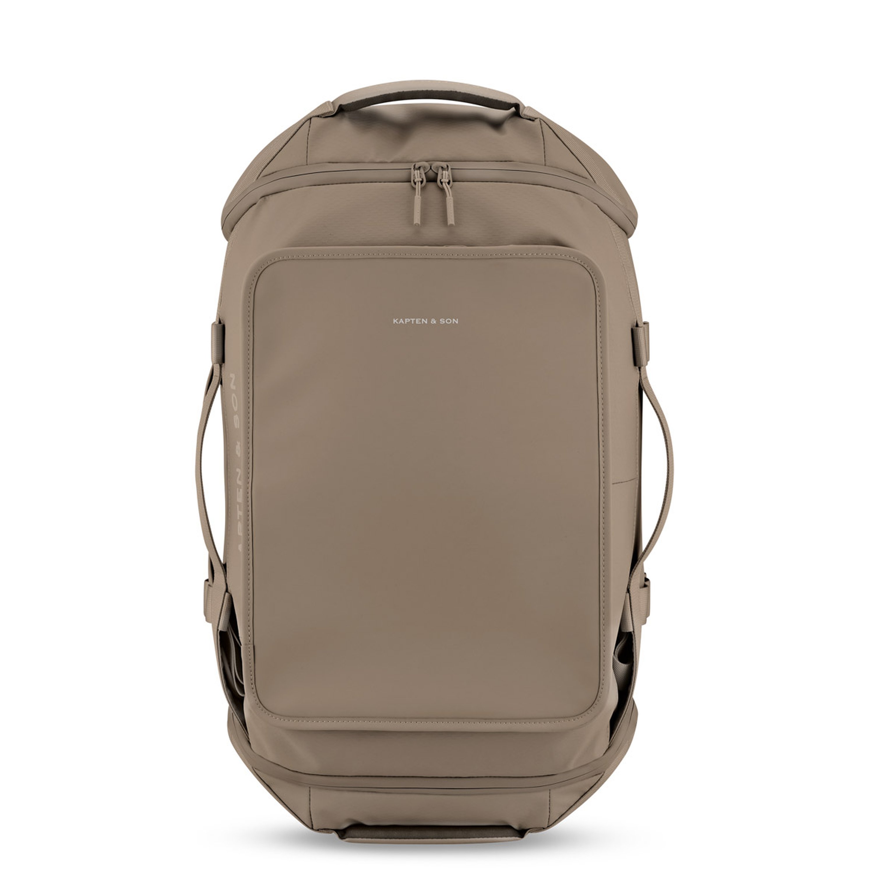 Reiserucksack mit schlichtem, minimalistischem Design. Er verfügt über einen Tragegriff oben, seitliche Gurte und vordere Reißverschlusstaschen. Der Look ist modern und praktisch.