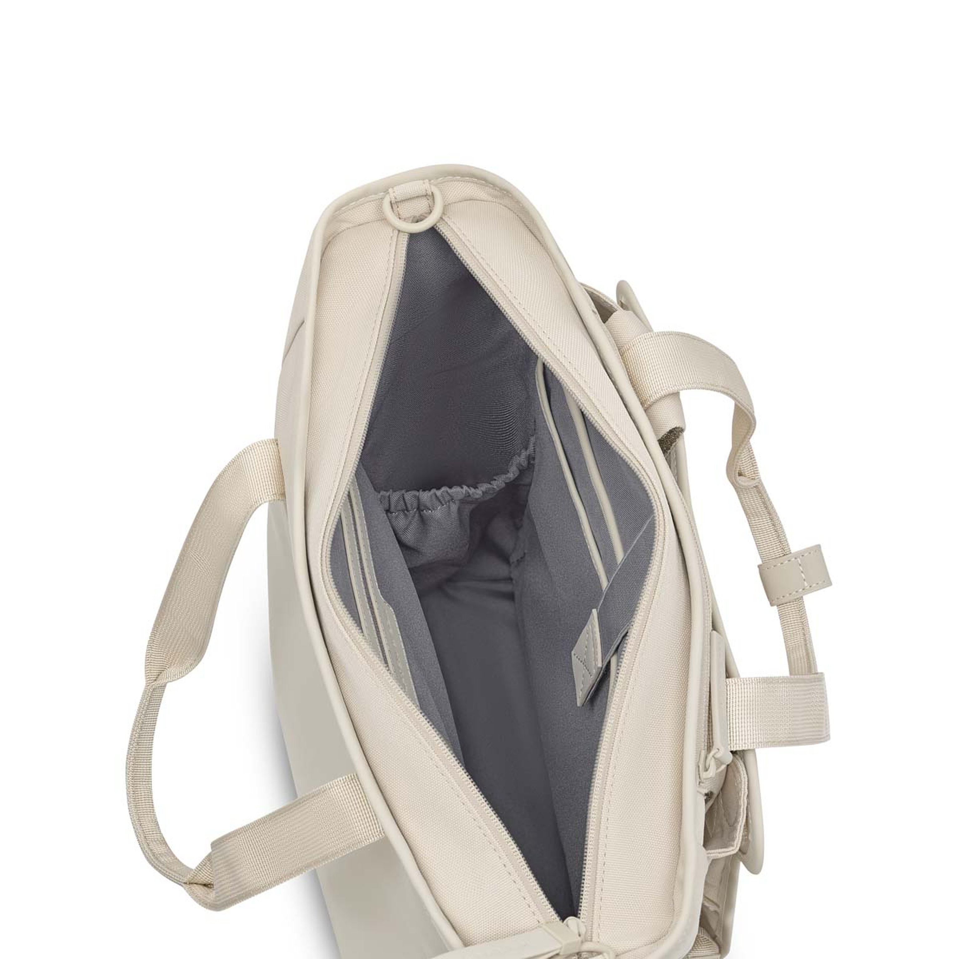 Offene, beige Handtasche aus Textilmaterial mit grauem Innenfutter, mehreren Innenfächern, einem elastischen Fach und kurzen Henkeln.