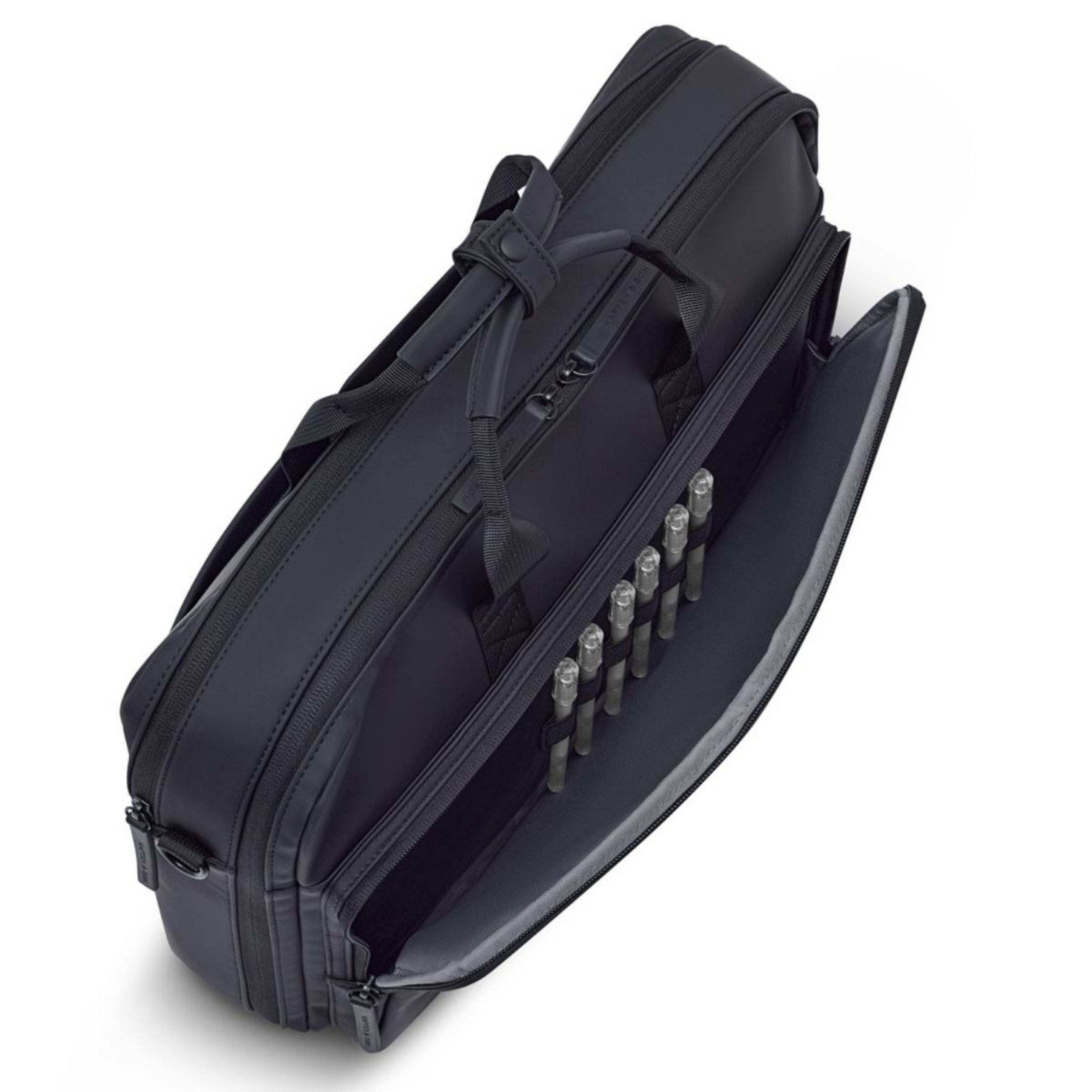 Sac pour ordinateur portable Kapten & Son vu de dessus avec la poche frontale ouverte révélant plusieurs porte-stylos et un intérieur rembourré, poignées de transport visibles sur le dessus
