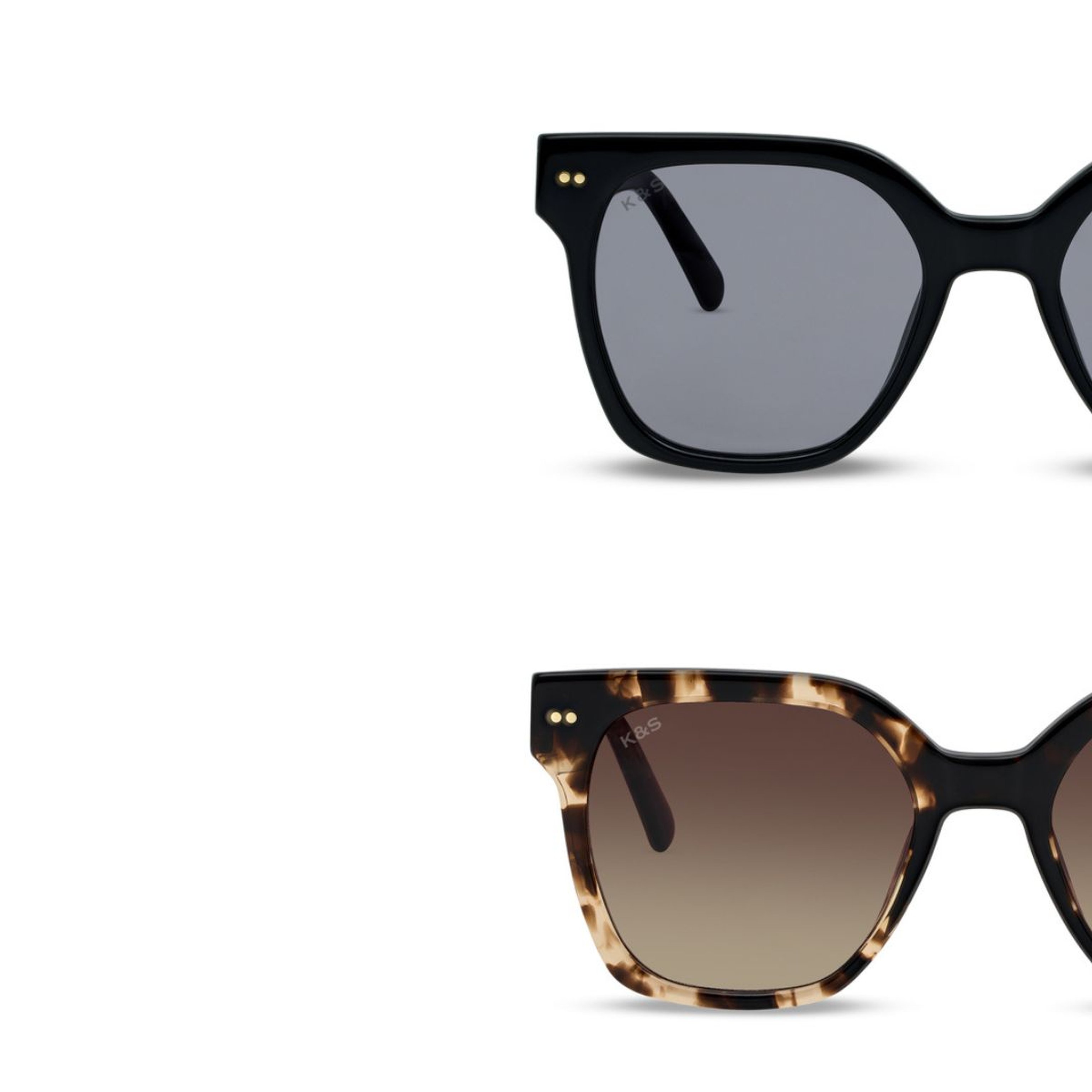 Two pairs of trendy sunglasses are shown. The top pair has black frames with dark lenses; the bottom pair features tortoiseshell frames with gradient lenses.