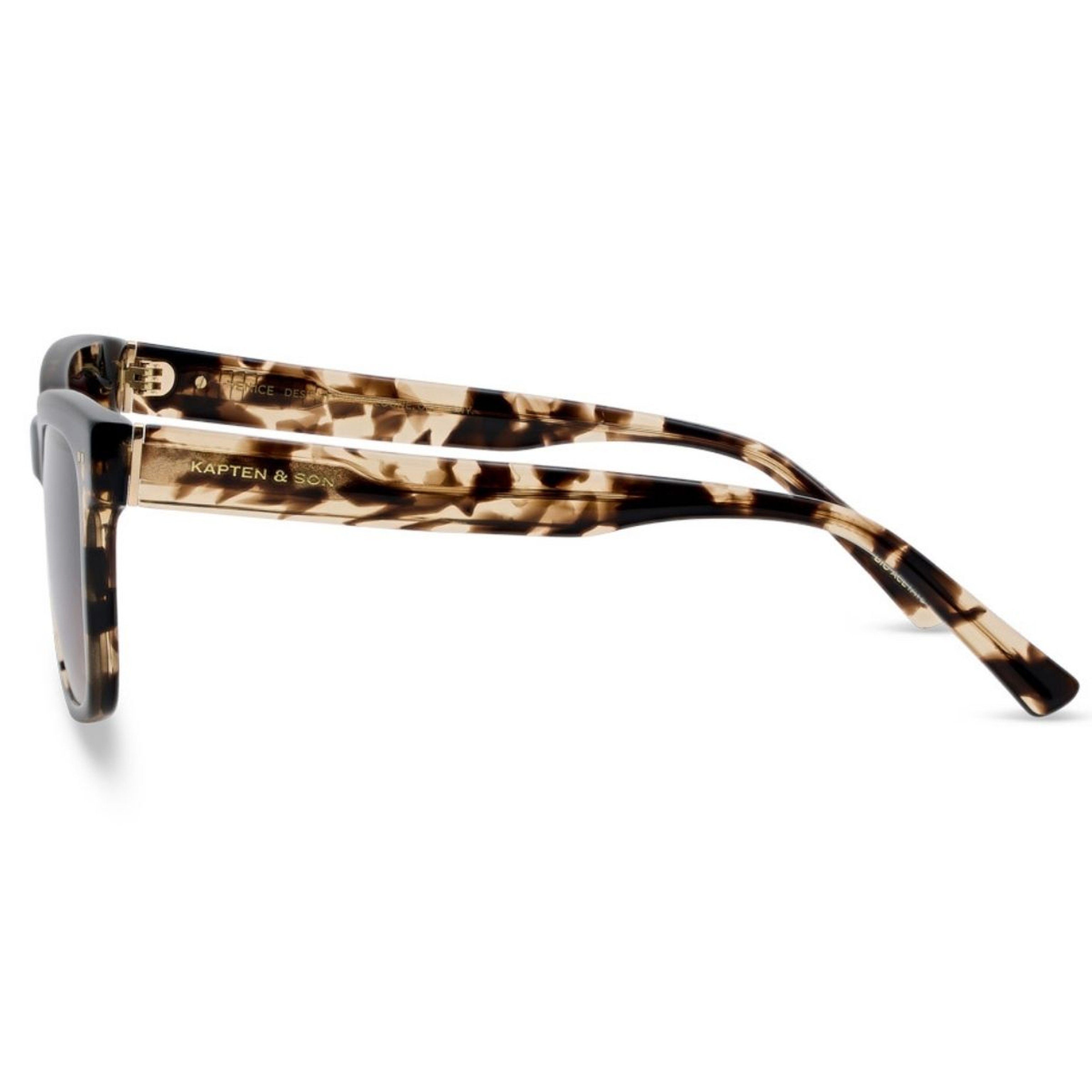 Side view of tortoiseshell sunglasses with "Kapten & Son" logo on the arms. The frame features a sleek design, conveying a modern, stylish tone.