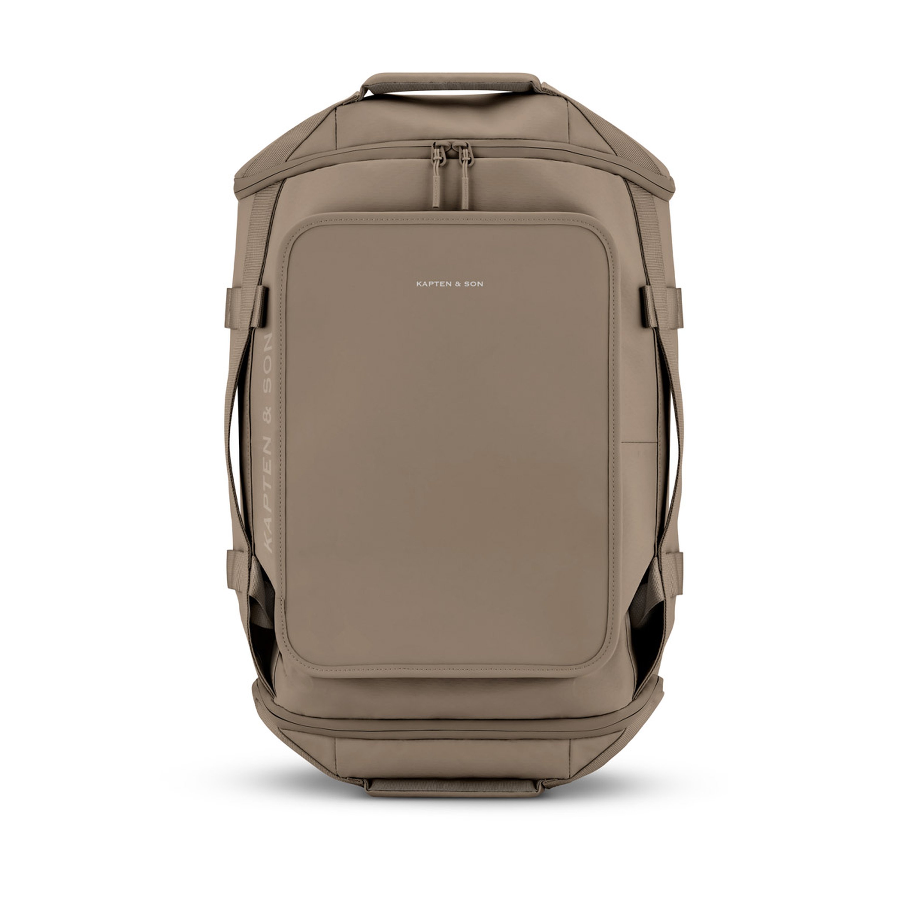 Reiserucksack mit schlichtem, minimalistischem Design. Er verfügt über einen Tragegriff oben, seitliche Gurte und vordere Reißverschlusstaschen. Der Look ist modern und praktisch.
