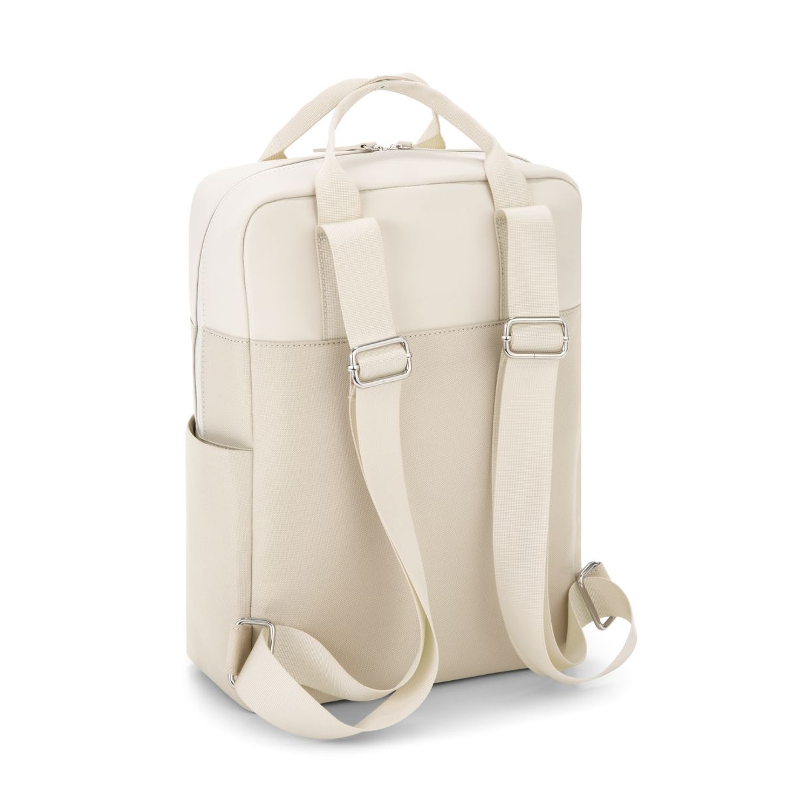 A minimalist beige backpack with adjustable padded straps and a side pocket, placed against a clean white background, conveying a modern and simple design.