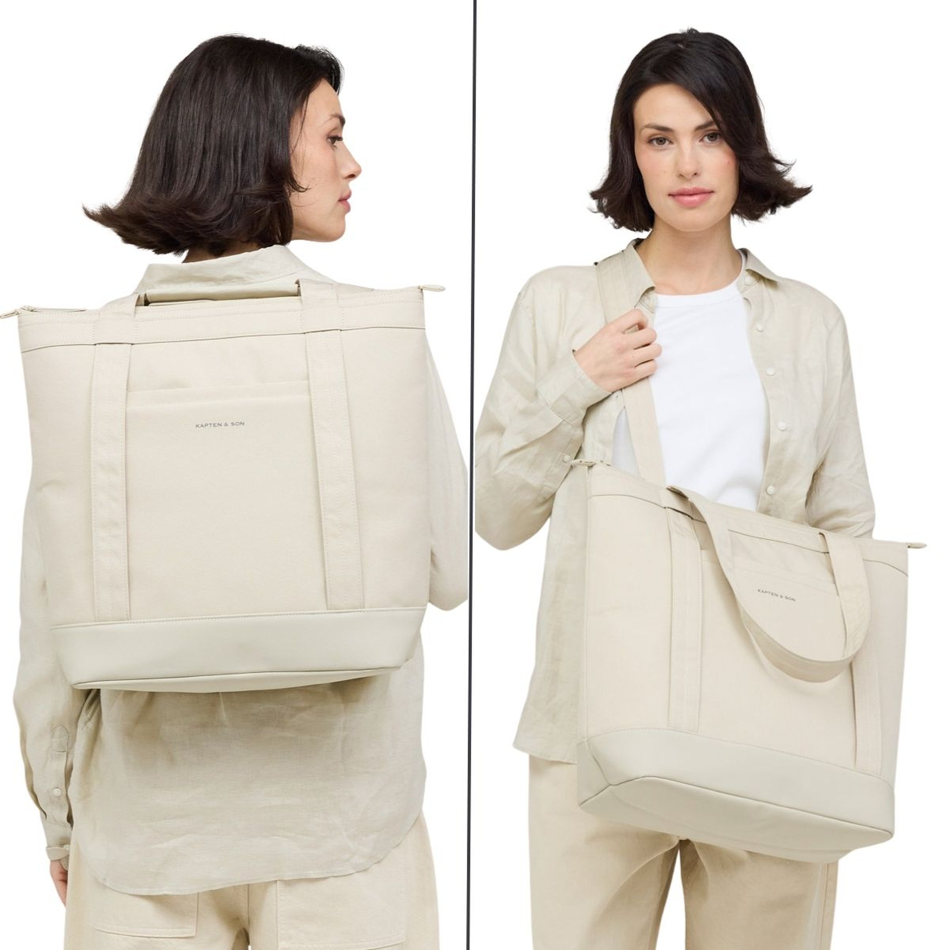 A woman with short dark hair models a beige canvas tote bag in two views: from the back and front. She wears a neutral outfit, conveying a casual, stylish tone.