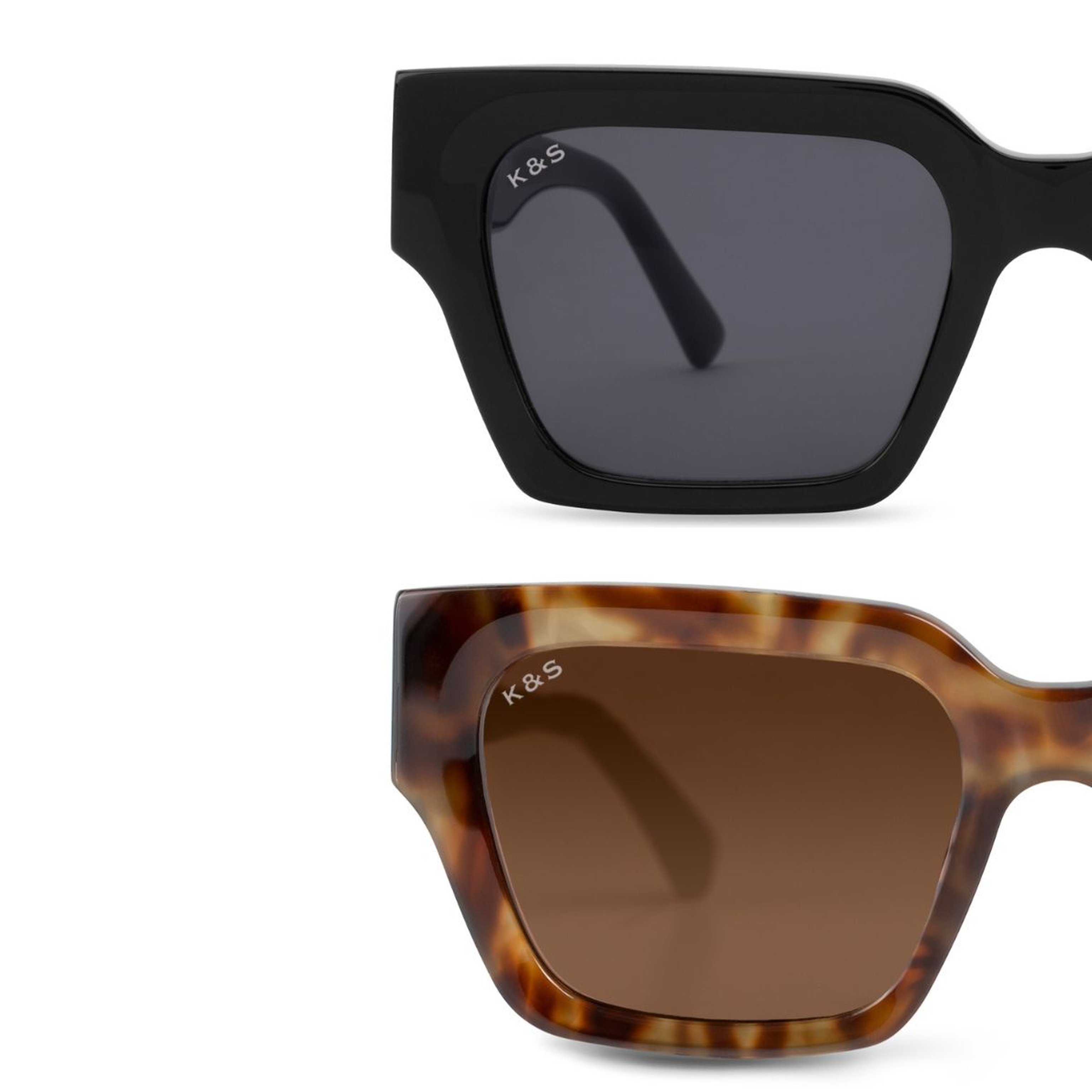 Two pairs of sunglasses: one with black frames and dark lenses, and another with tortoiseshell frames and brown lenses, both marked "K&S."