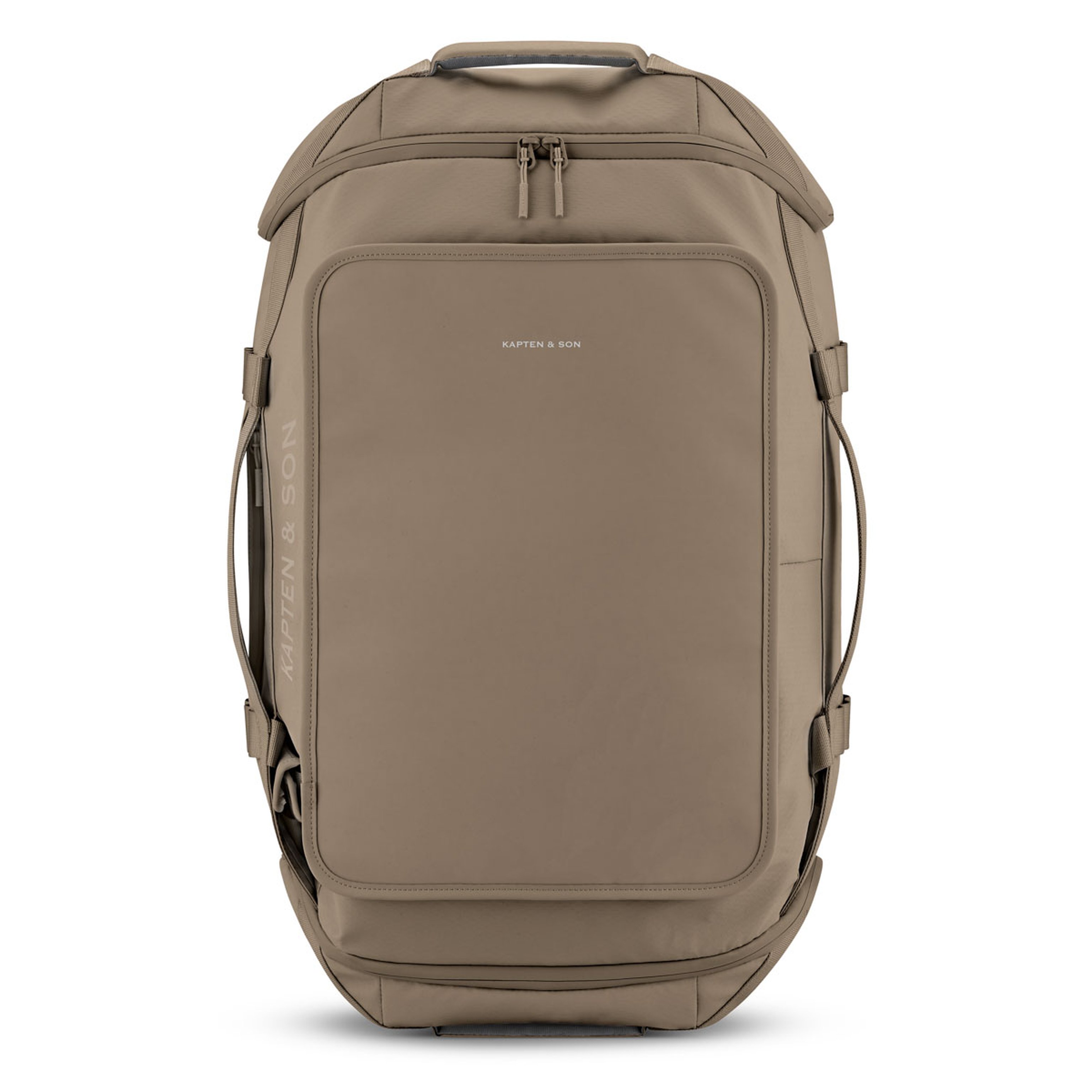 Reiserucksack mit schlichtem, minimalistischem Design. Er verfügt über einen Tragegriff oben, seitliche Gurte und vordere Reißverschlusstaschen. Der Look ist modern und praktisch.