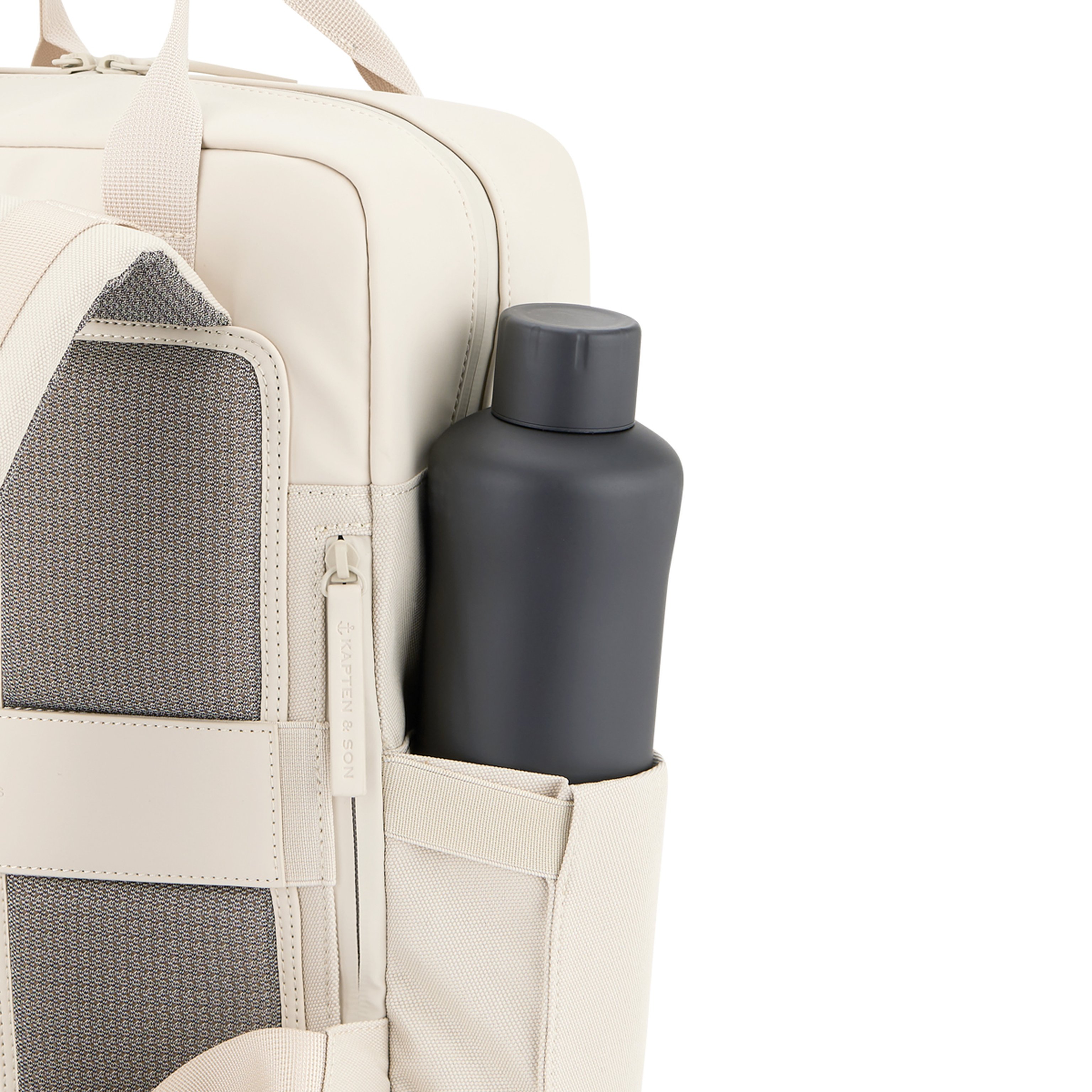 A beige backpack with gray accents features a black water bottle in its side pocket. The design is sleek and modern, conveying practicality and style.