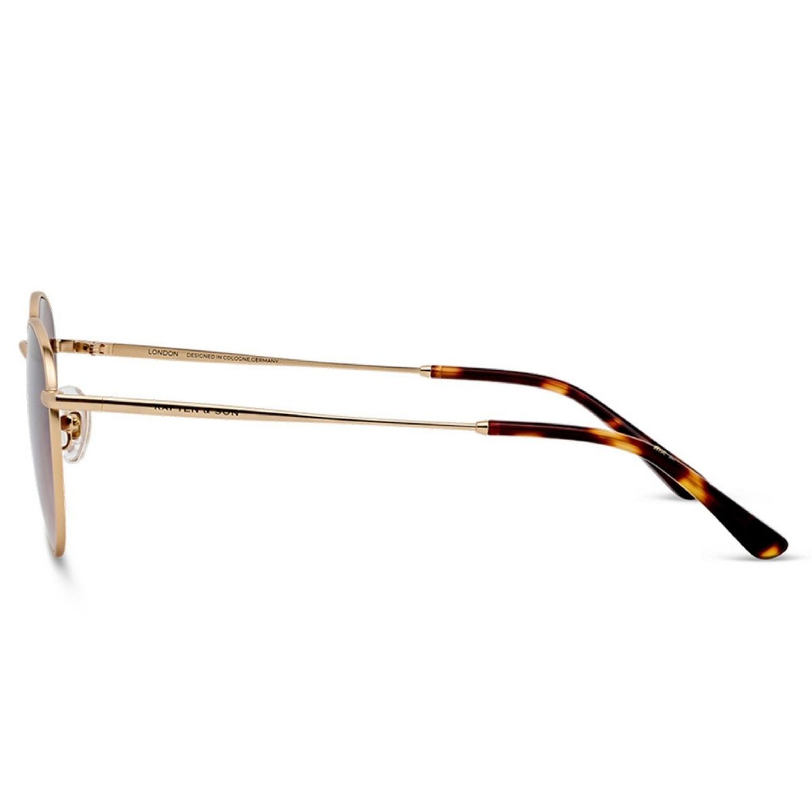 Sleek black sunglasses displayed side-on, showcasing slim arms with "Kapten & Son" branding. The design is minimalistic and modern.