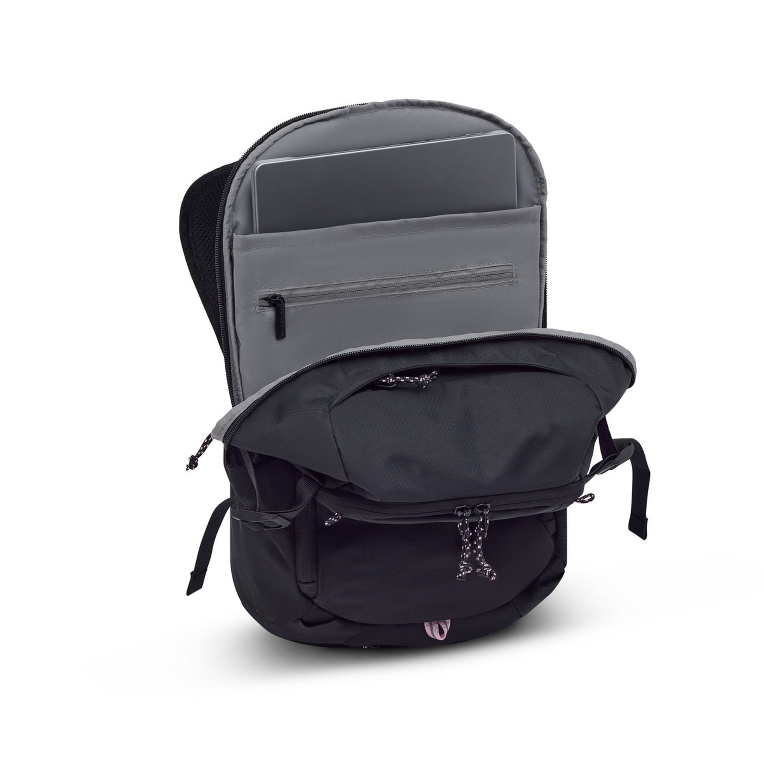 Rucksack mit geöffnetem Hauptfach und Laptopfach, mit mehreren Innentaschen und Reißverschlussdetails vor weißem Hintergrund.