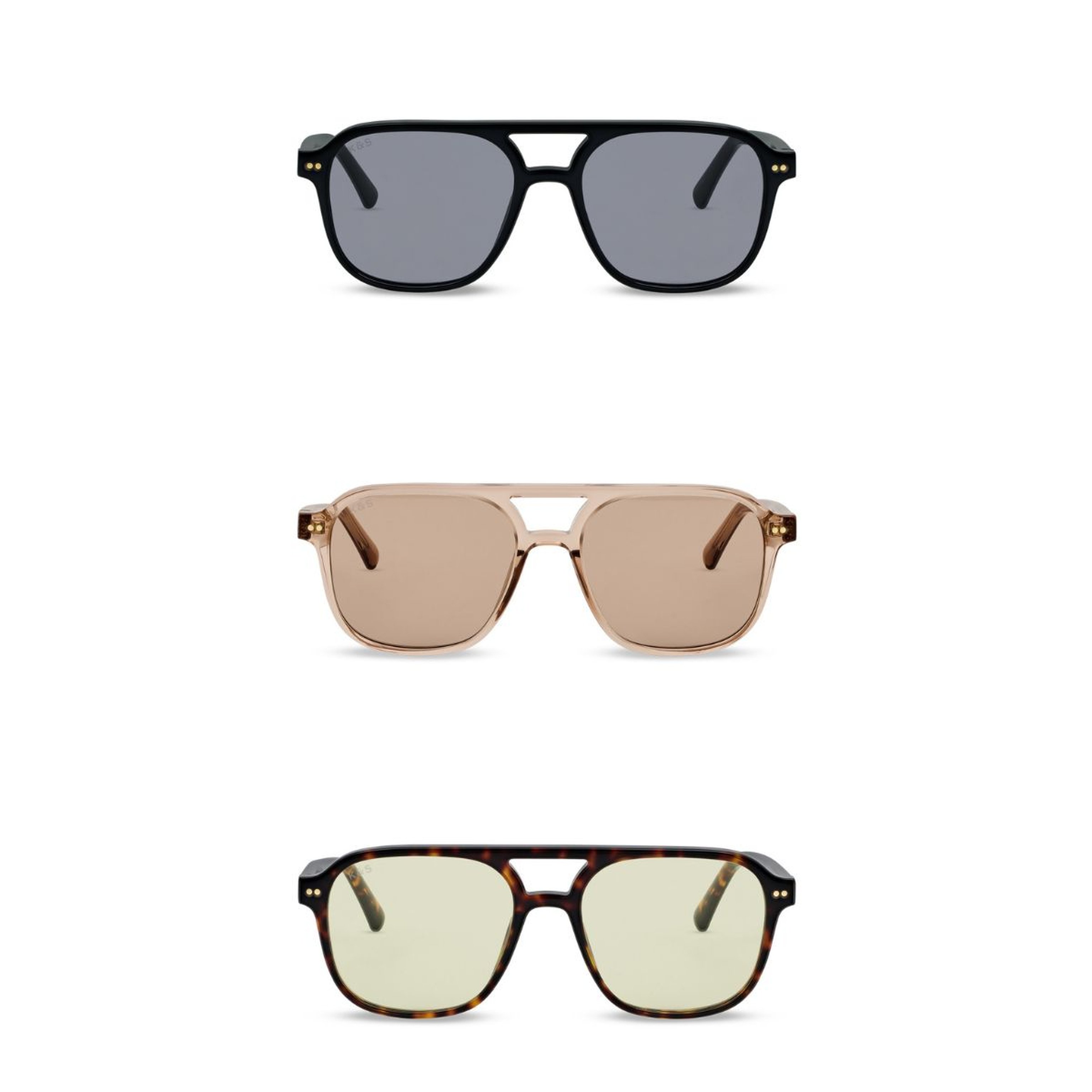 Three pairs of sunglasses are shown in a vertical row. The top pair has a black frame with dark lenses, the middle pair has a nude frame with light brown lenses, and the bottom pair has a tortoiseshell frame with pale yellow lenses. All sunglasses have a sleek, modern design.