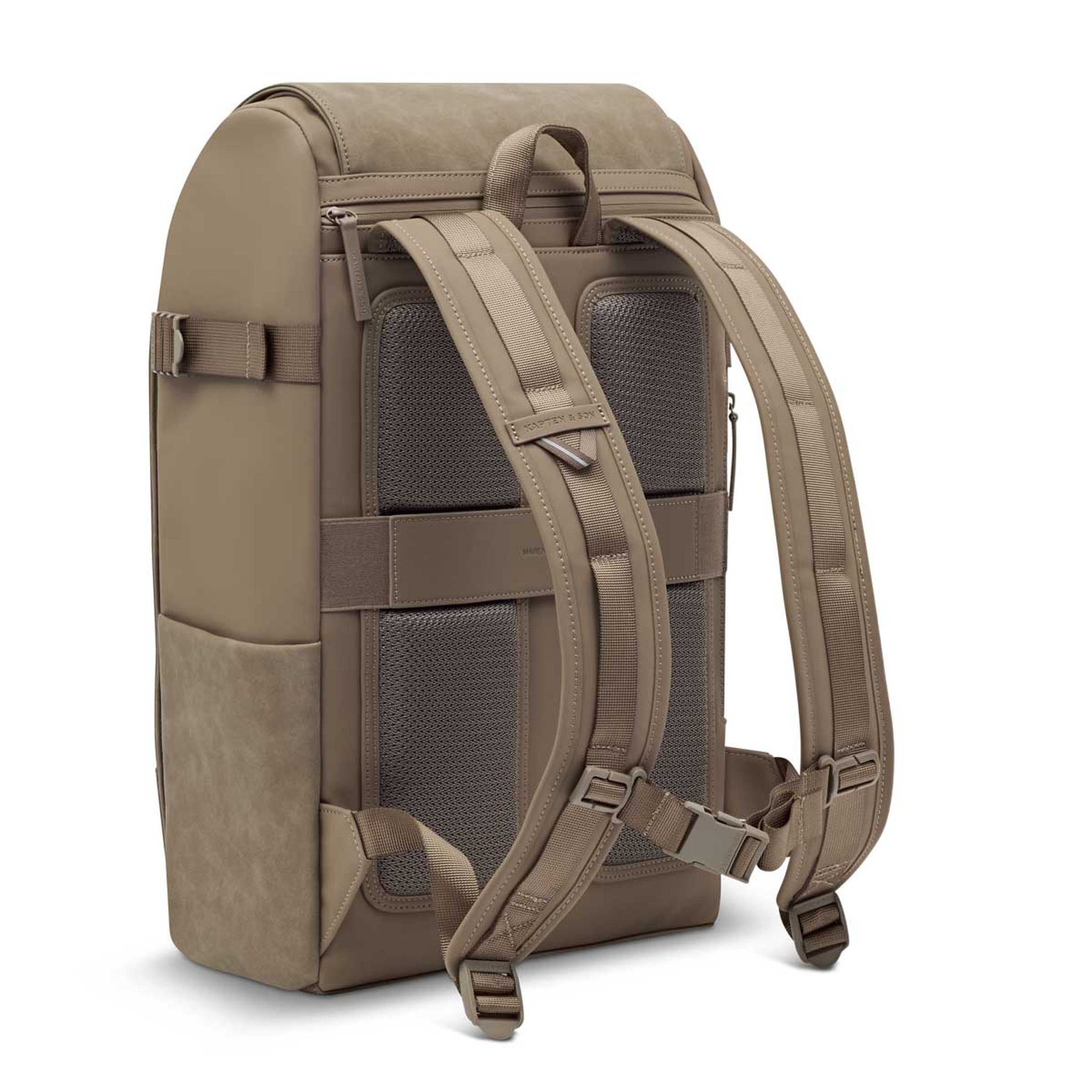 Backpack with a sleek design, featuring padded adjustable straps, mesh back padding for comfort, and side buckles. Modern and minimalist style.