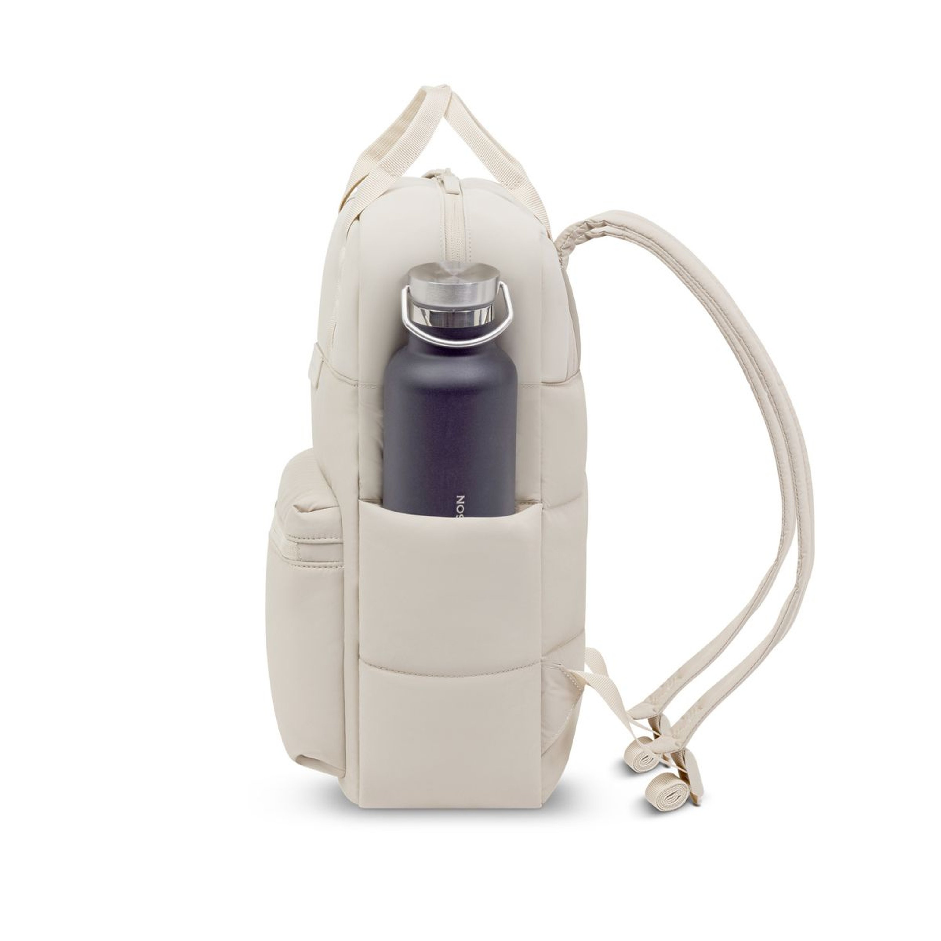 Crèmekleurige rugzak met een minimalistisch design, met dubbele handgrepen, een voorvak met rits en zijvakken. Straalt een strakke, moderne esthetiek uit.