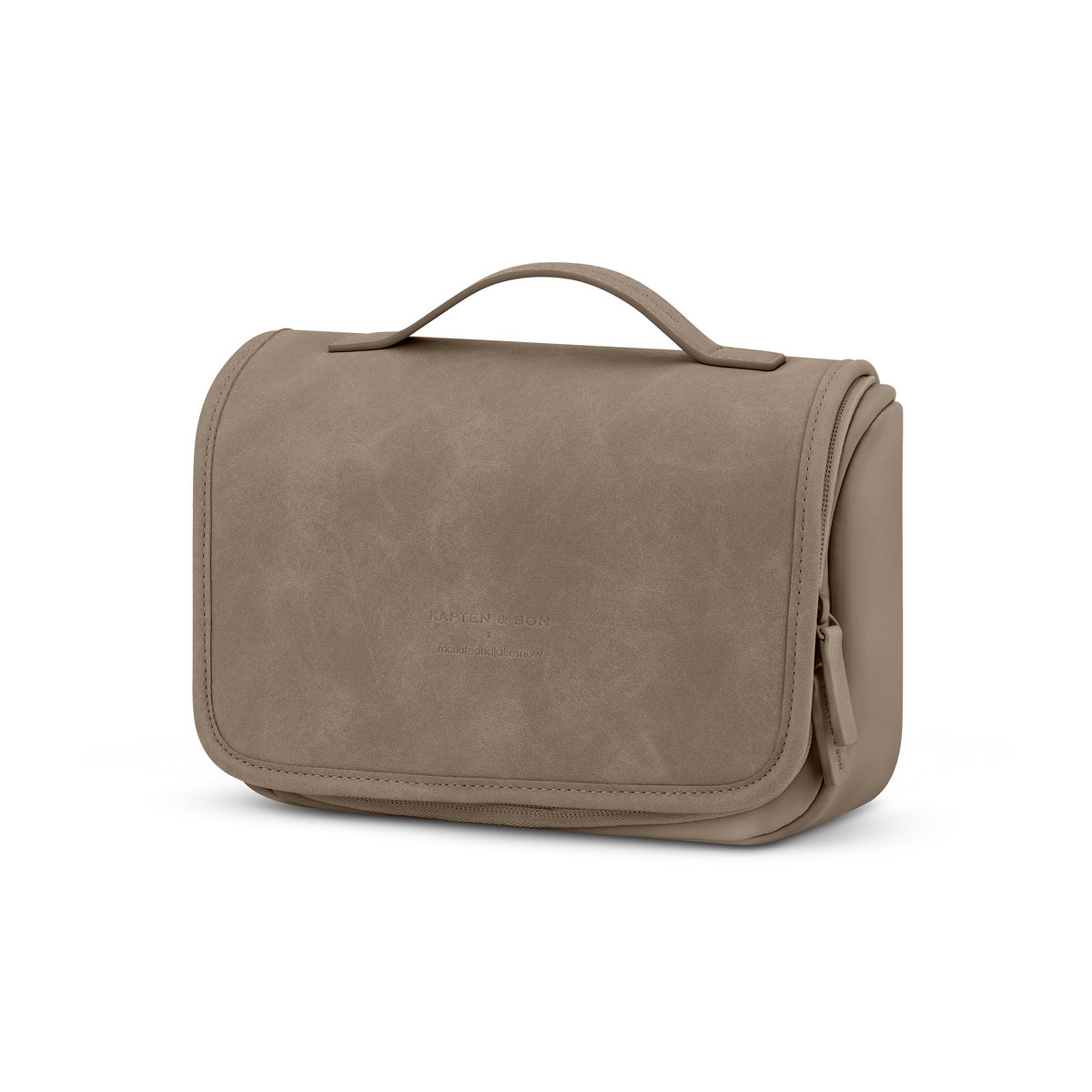 Toiletry bag with a top handle and front flap, exuding elegance and simplicity. Neutral design suitable for travel.