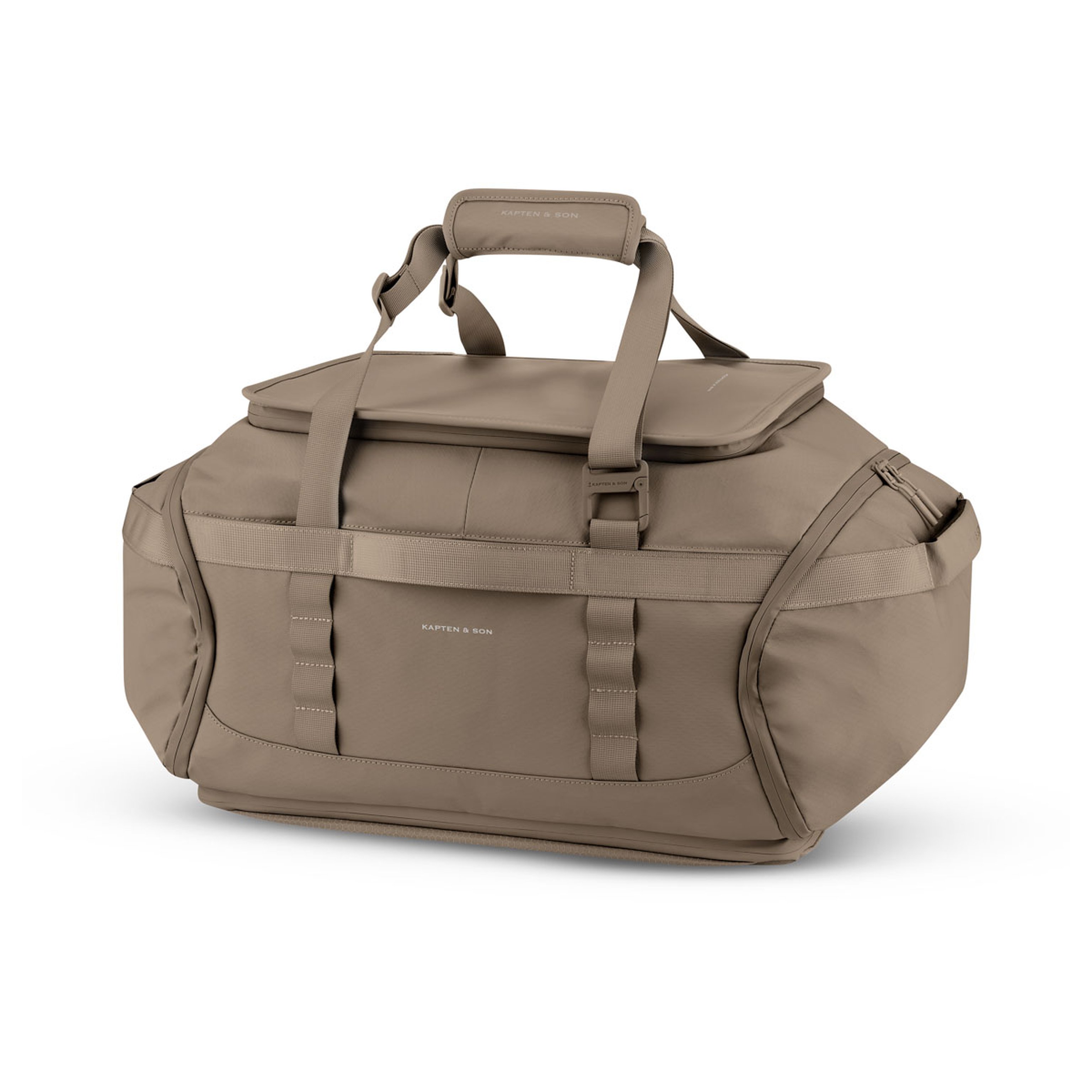 Eine elegante Reisetasche mit robusten Griffen und einer Deckelklappe. Die Tasche strahlt ein minimalistisches, modernes Design aus, ideal für Reisen oder das Fitnessstudio.