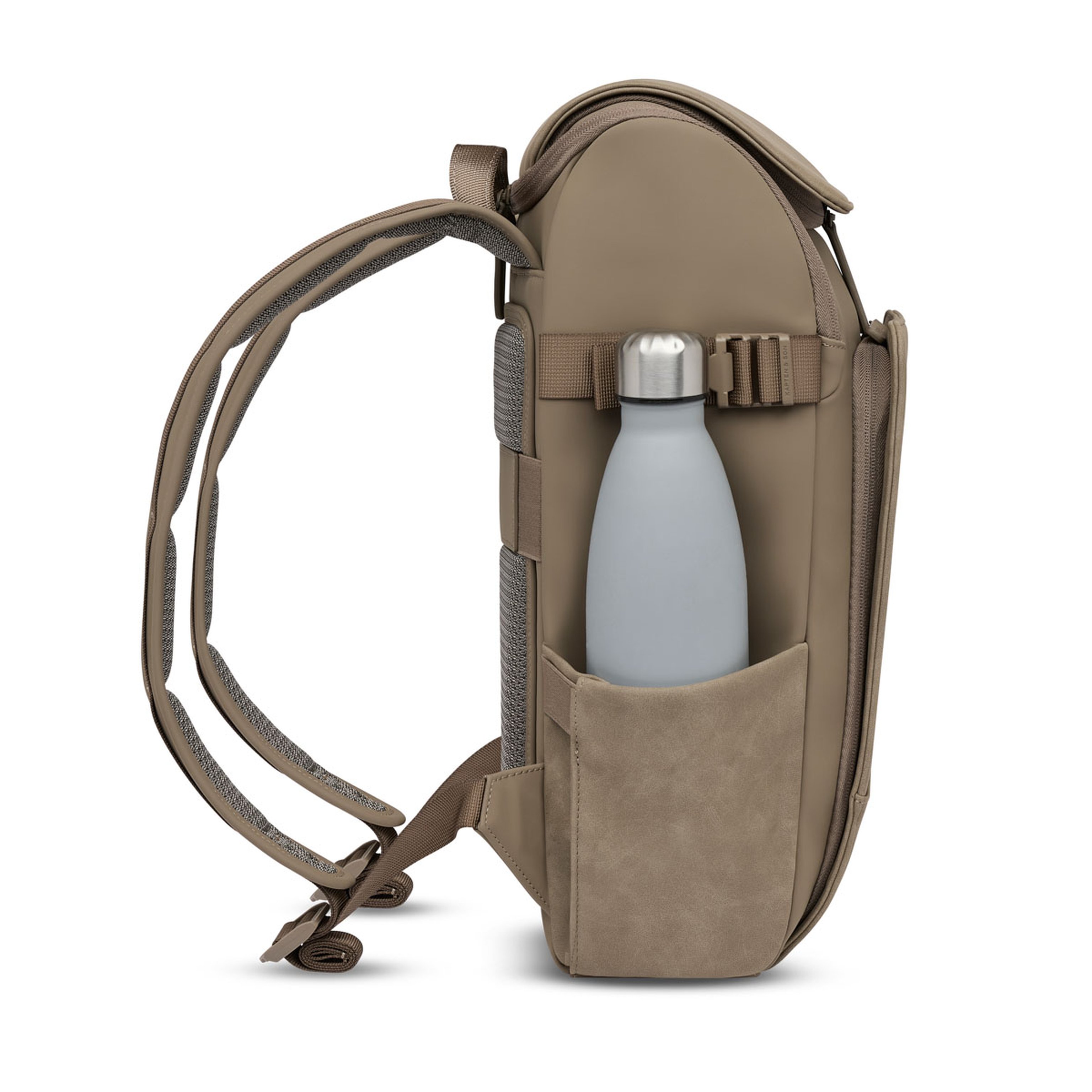 Backpack viewed from the side with two shoulder straps and a pocket holding a gray water bottle. The design is sleek and modern.