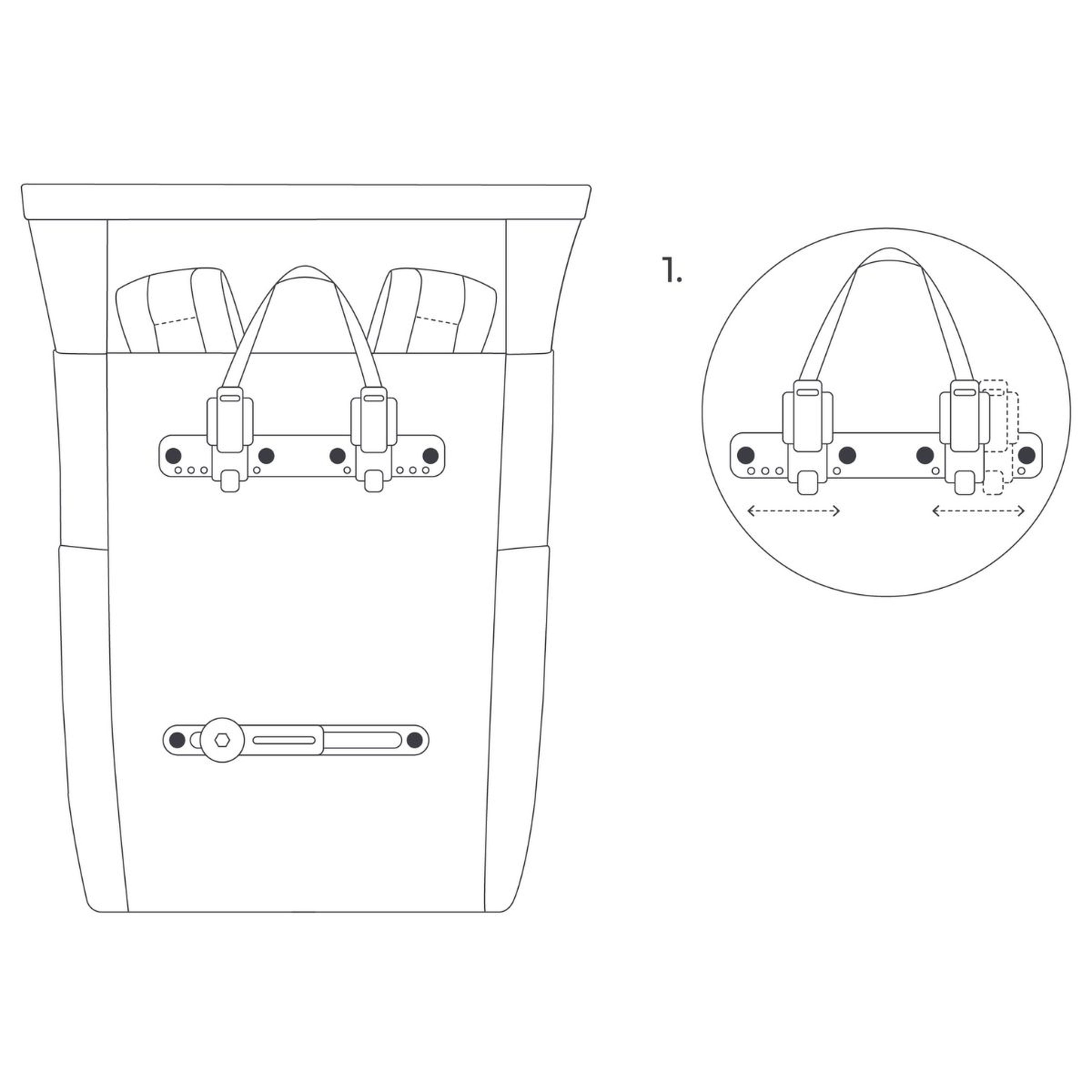 Line drawing of a backpack with detailed straps and buckles. Inset circle shows a close-up of buckle adjustment. Simple, instructional design.