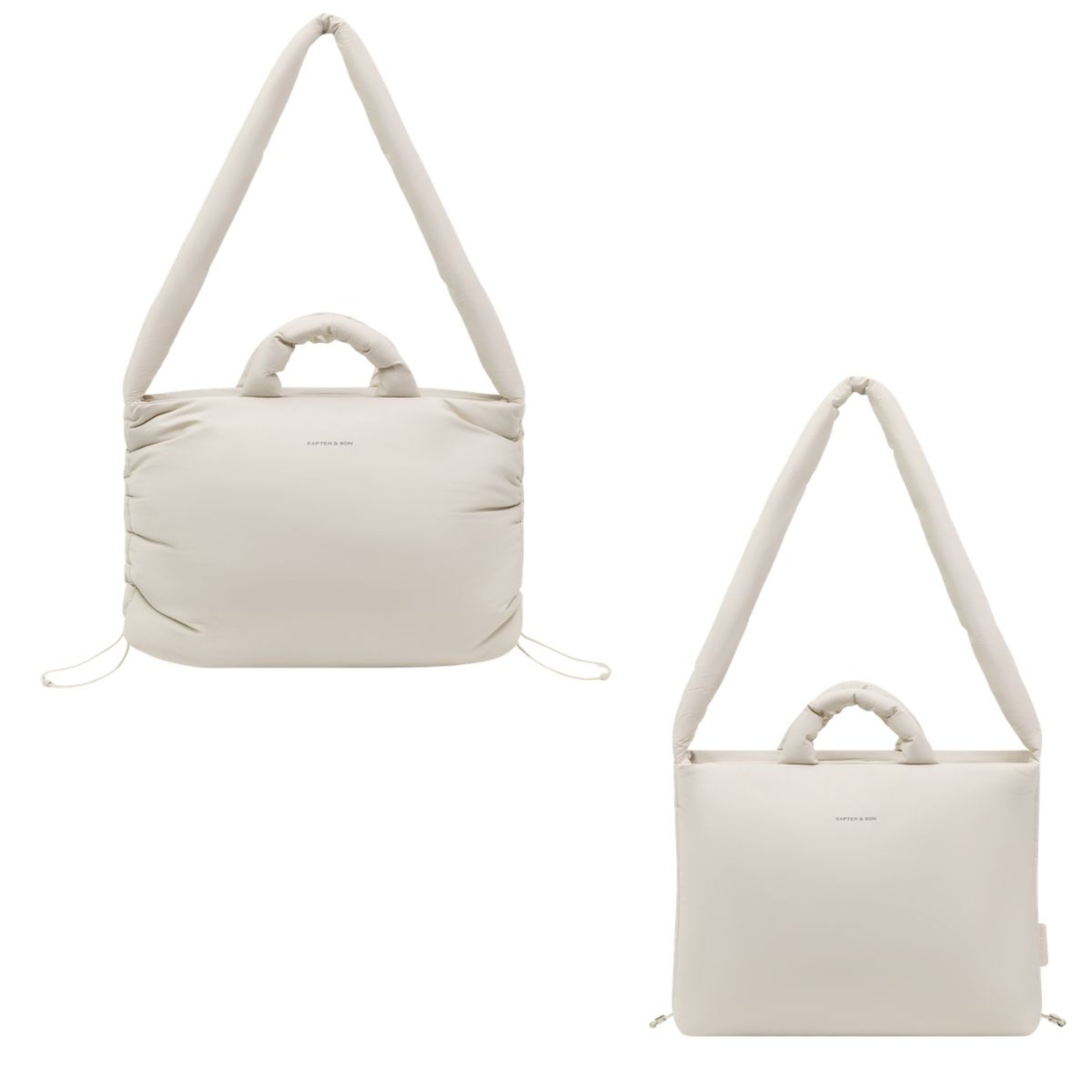 Twee crèmekleurige gewatteerde handtassen met lange schouderbanden en korte handvatten. Eén tas ziet er licht gekreukeld uit; beide tonen een minimalistisch design en subtiele elegantie.