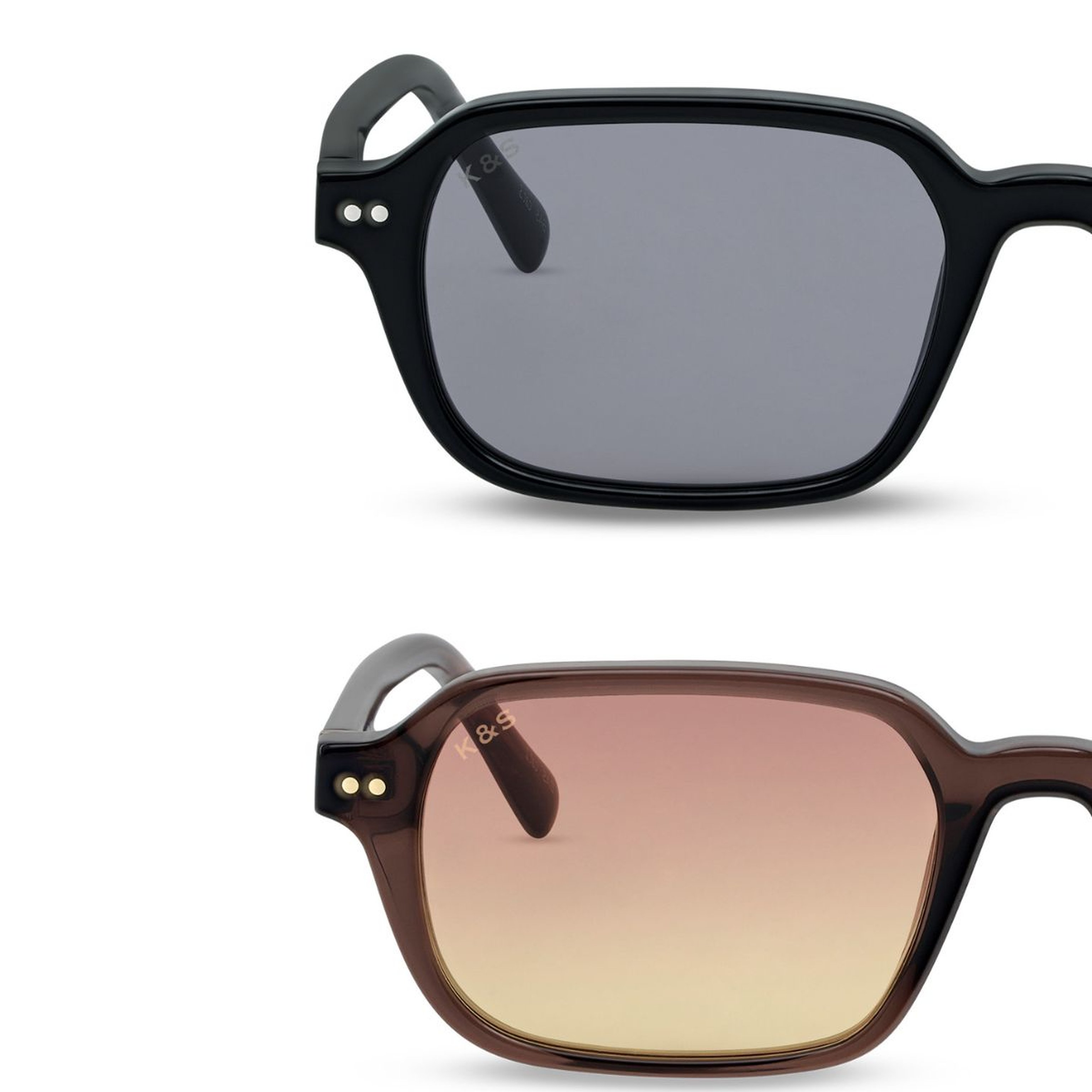 Two pairs of sunglasses; top has black frames with dark lenses and bottom has brown frames with gradient amber-pink lenses, both stylish and modern.