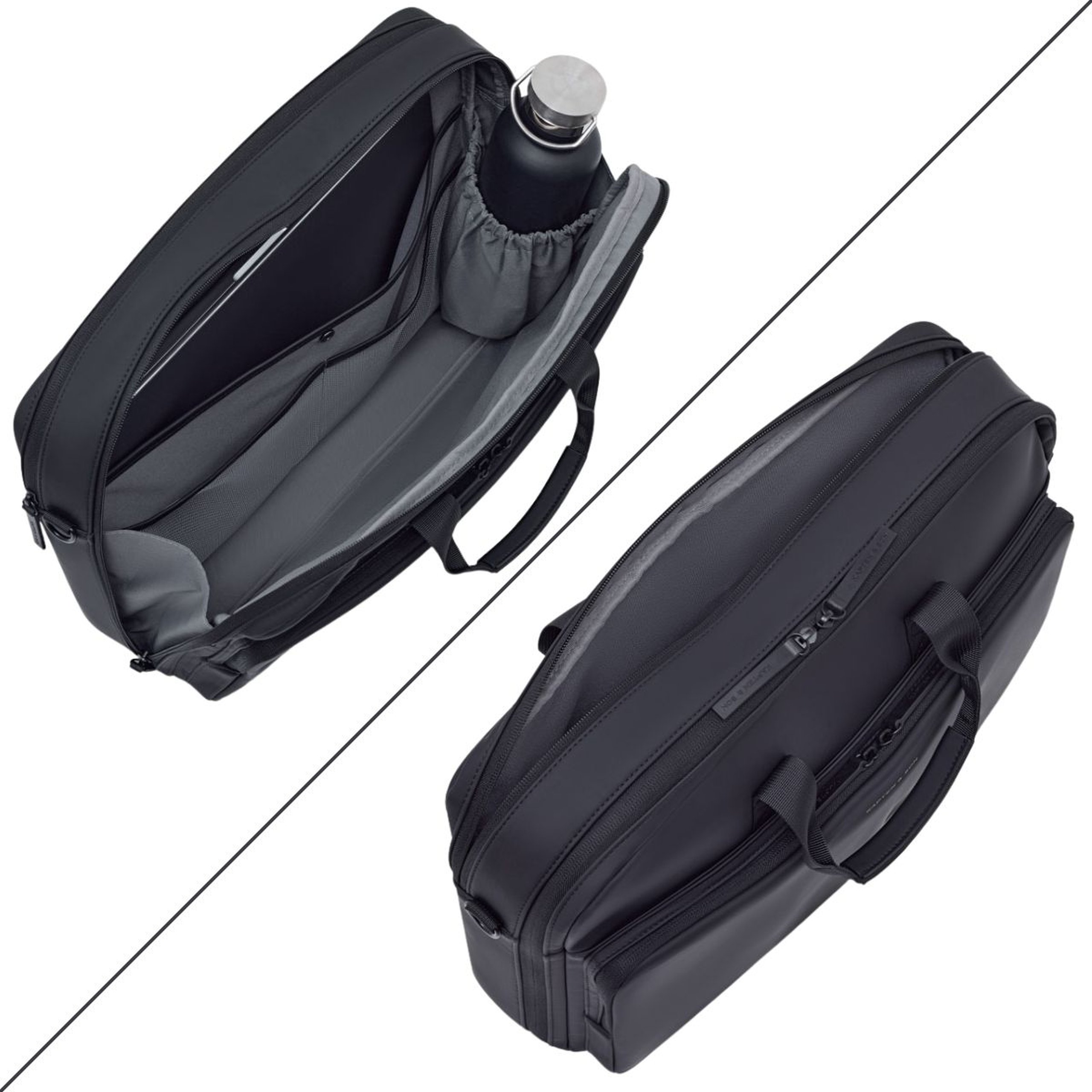 Sac pour ordinateur portable Kapten & Son en deux vues : compartiment principal ouvert avec intérieur rembourré, poches intérieures et porte-bouteille, et vue extérieure avec poche frontale zippée et poignées de transport