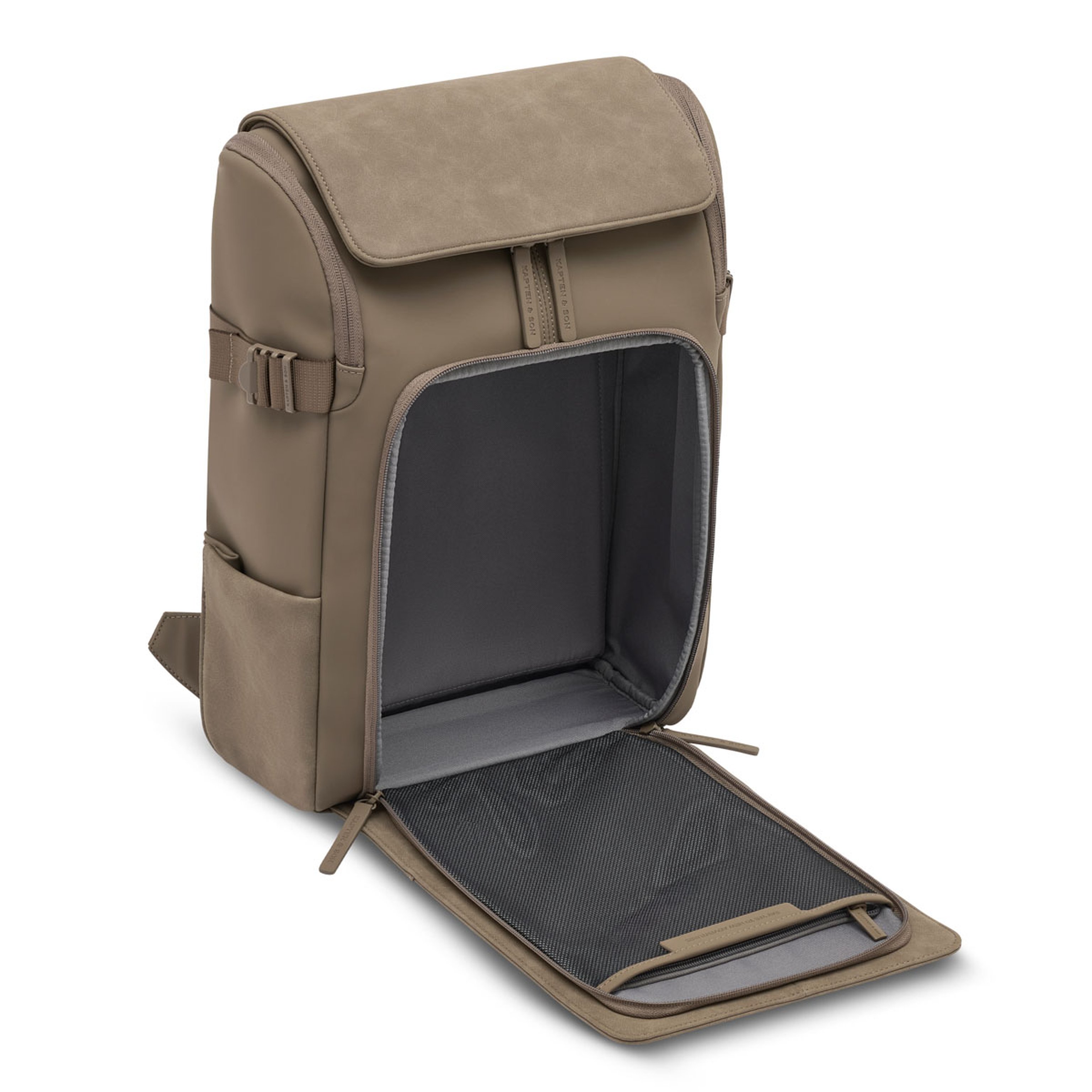 Backpack with a front zipper flap open, revealing a spacious, grey interior. The sleek design suggests modern utility and simplicity.