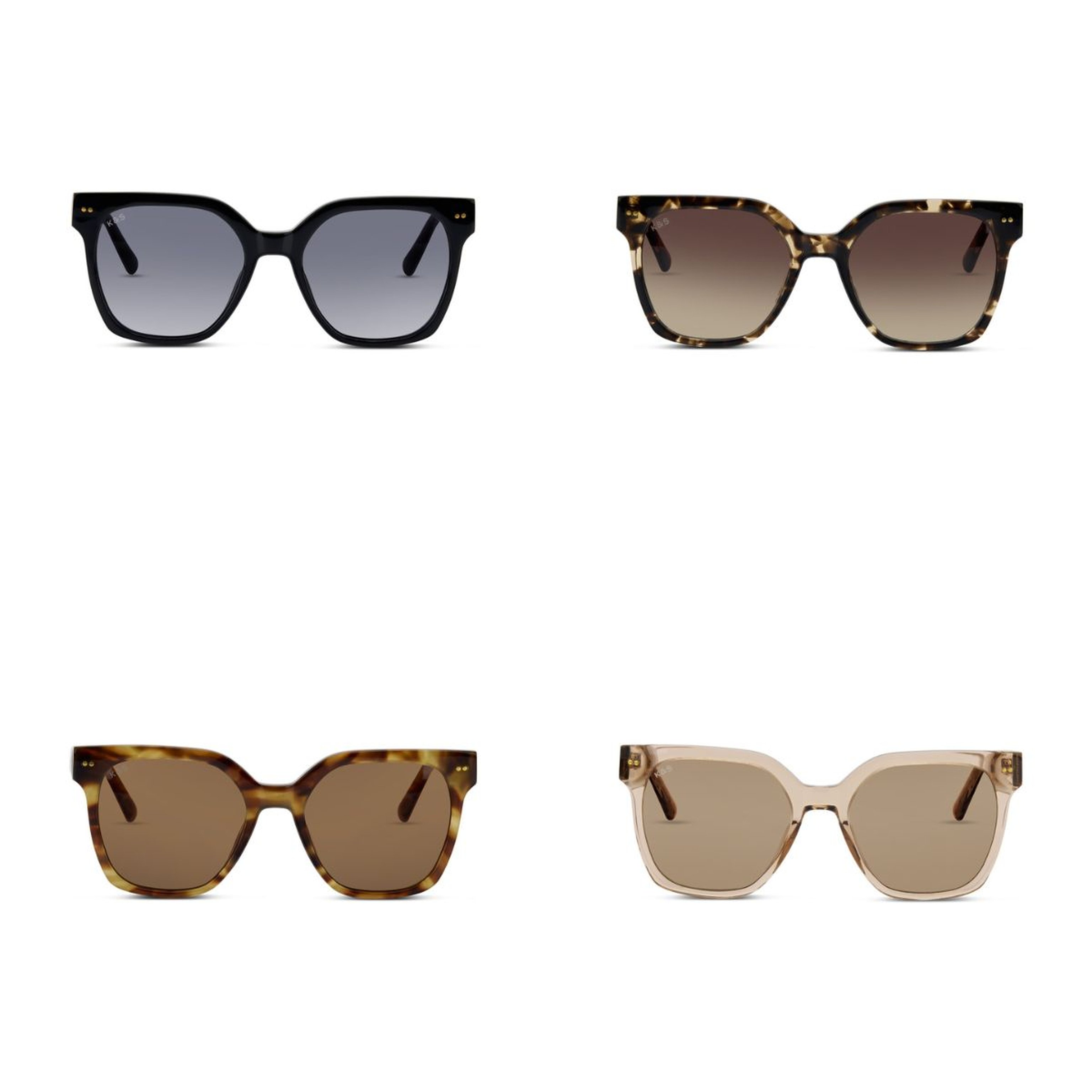 Four pairs of sunglasses in a 2x2 grid. Top row: black with gray lenses, tortoiseshell with gradient lenses. Bottom row: brown tortoiseshell, beige clear frames.