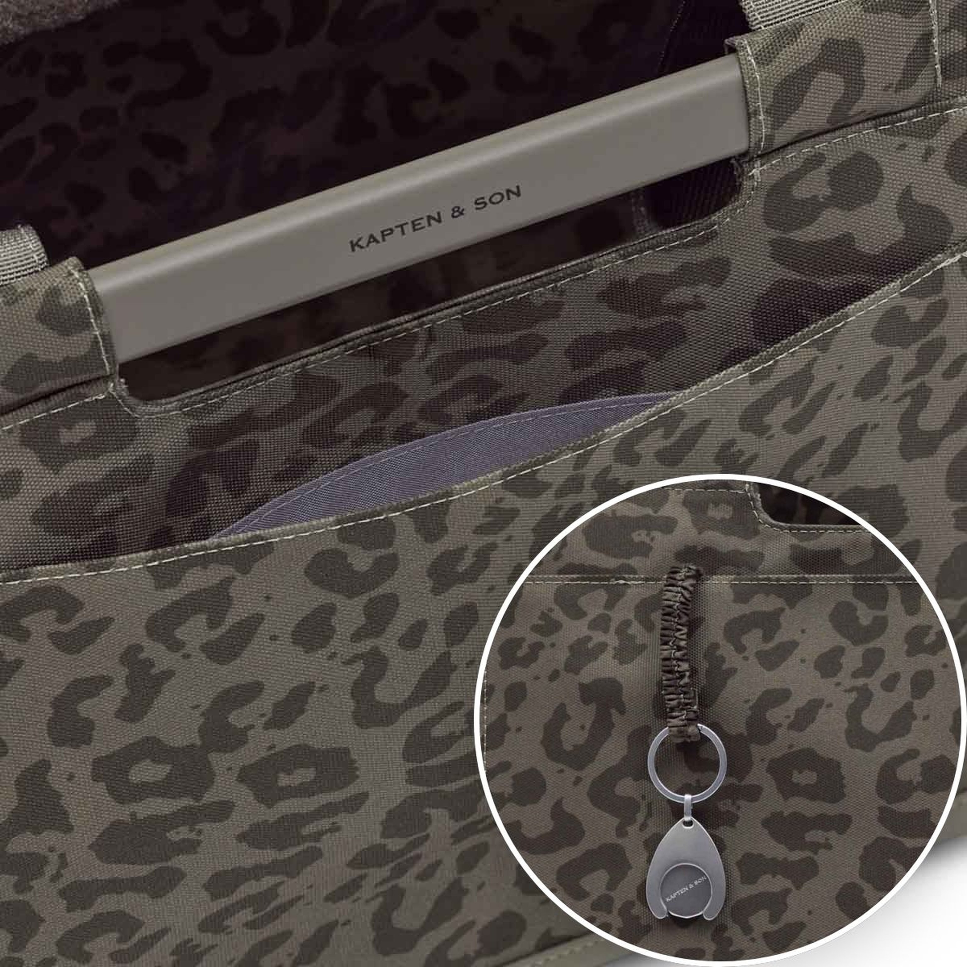 Close-up of a shopping basket with a sturdy handle on which „Kapten & Son" is printed. An inset detail shows the matching high-quality coin for the shopping trolley.