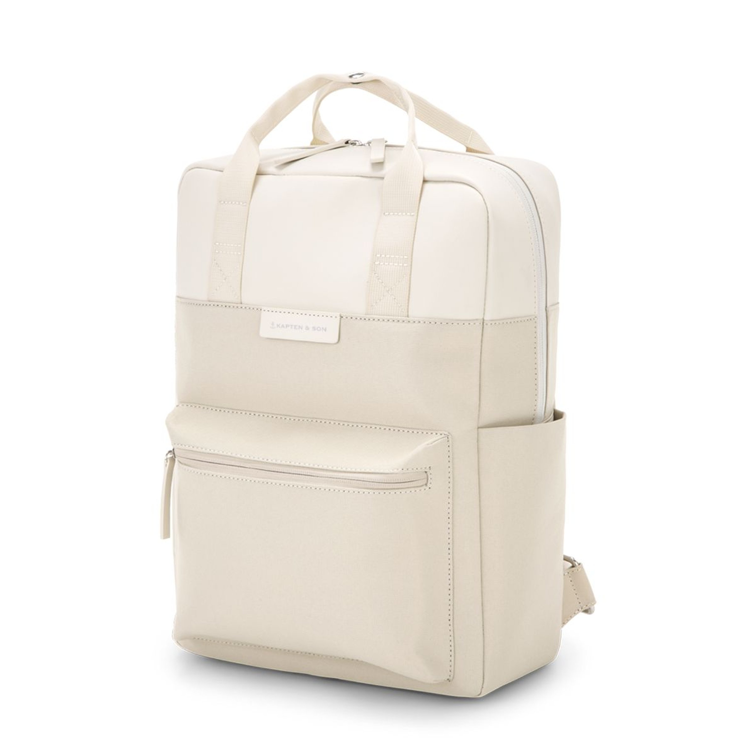 Cream-colored backpack with a minimalist design, featuring twin handles, a front zippered pocket, and side compartments. It exudes a clean, modern aesthetic.