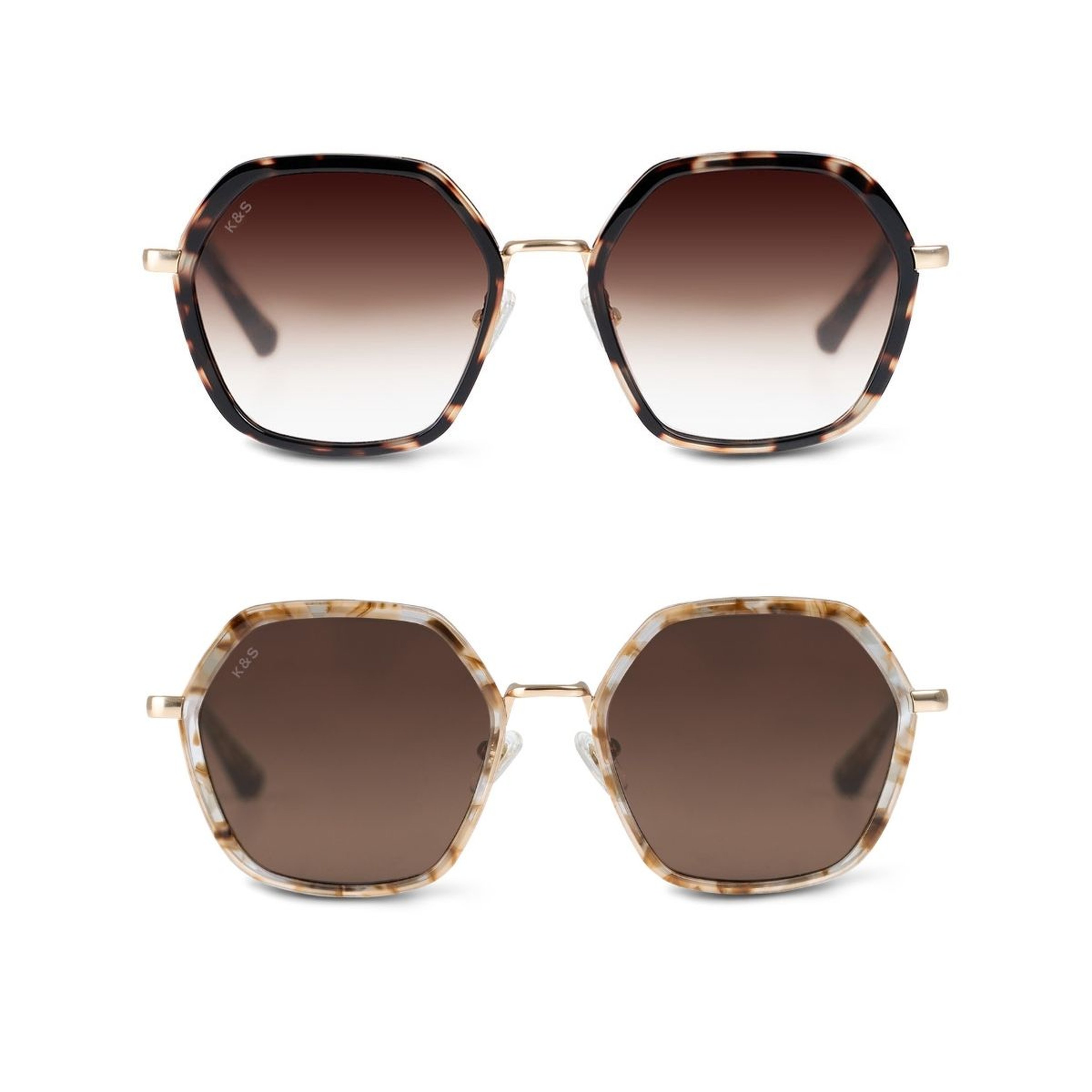 Two pairs of hexagonal sunglasses with gradient lenses. The top has dark tortoiseshell frames, and the bottom has light beige marbled frames.